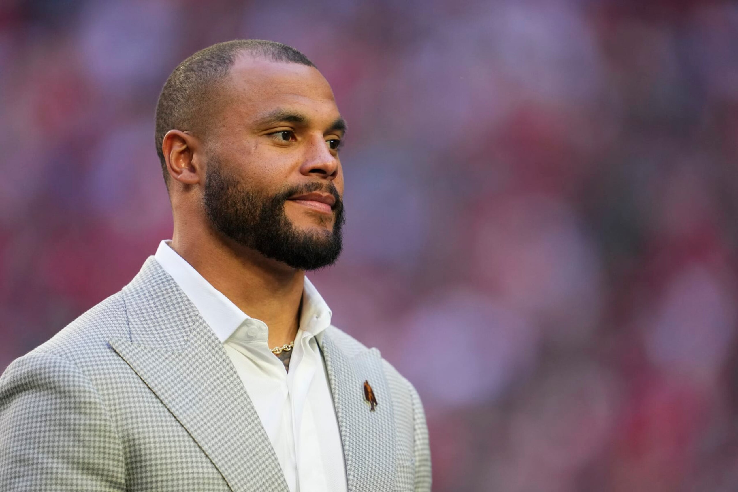 GLENDALE, AZ - FEBRUARY 12: Dak Prescott, Walter Payton Man of the Year, makes a pregame appearance prior to Super Bowl LVII between the Kansas City Chiefs and the Philadelphia Eagles at State Farm Stadium on February 12, 2023 in Glendale, Arizona. (Photo by Cooper Neill/Getty Images) GLENDALE, AZ - FEBRUARY 12: Dak Prescott, Walter Payton Man of the Year, makes a pregame appearance prior to Super Bowl LVII between the Kansas City Chiefs and the Philadelphia Eagles at State Farm Stadium on February 12, 2023 in Glendale, Arizona. (Photo by Cooper Neill/Getty Images)