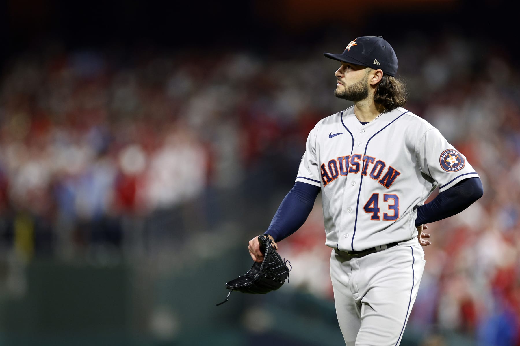 PHILADELPHIA, PENNSYLVANIA - NOVEMBER 01: Lance McCullers Jr. #43 of the Houston Astros reacts after giving up a home run by Brandon Marsh #16 of the Philadelphia Phillies during the second inning in Game Three of the 2022 World Series at Citizens Bank Park on November 01, 2022 in Philadelphia, Pennsylvania. (Photo by Sarah Stier/Getty Images)