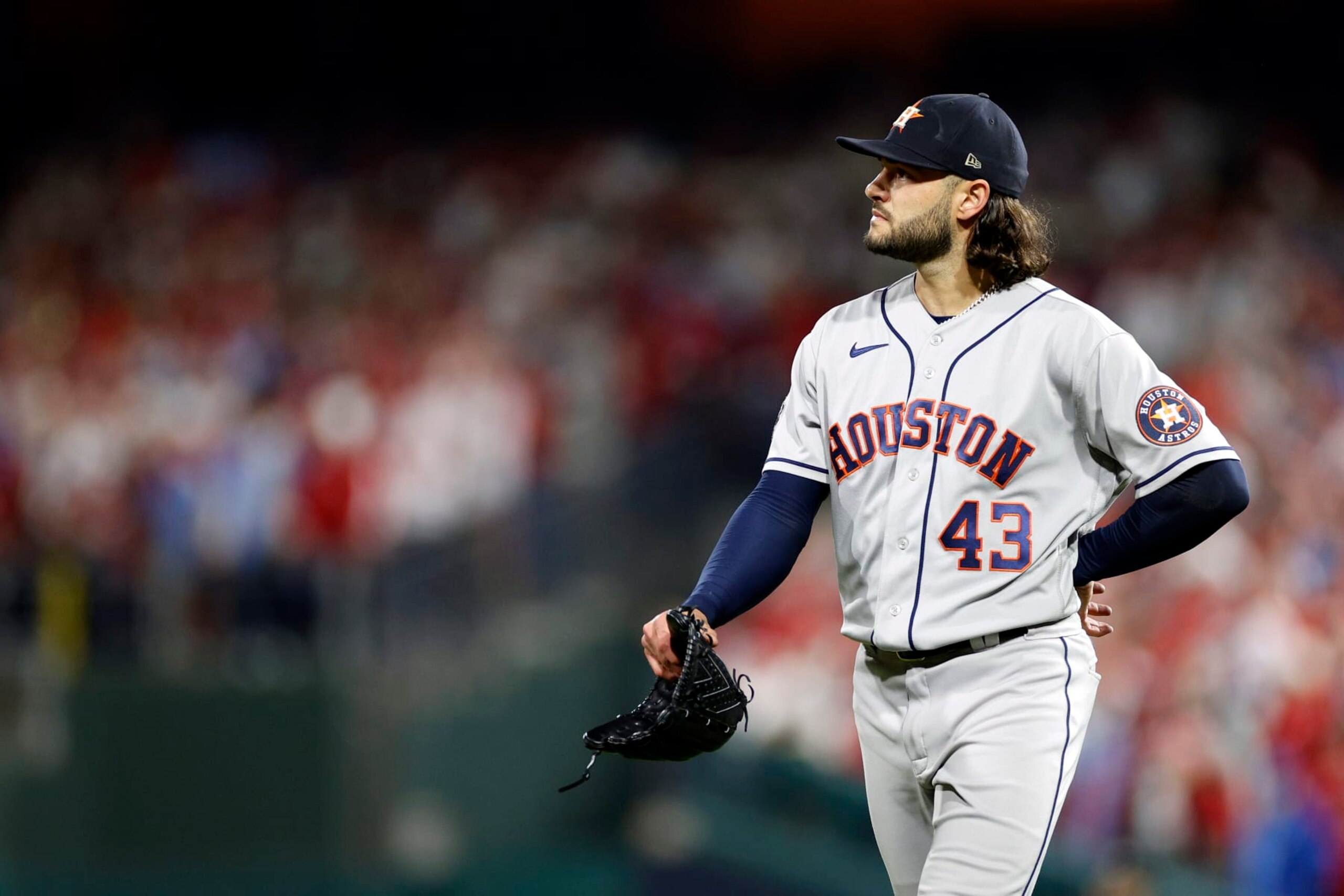 PHILADELPHIA, PENNSYLVANIA - NOVEMBER 01: Lance McCullers Jr. #43 of the Houston Astros reacts after giving up a home run by Brandon Marsh #16 of the Philadelphia Phillies during the second inning in Game Three of the 2022 World Series at Citizens Bank Park on November 01, 2022 in Philadelphia, Pennsylvania. (Photo by Sarah Stier/Getty Images)