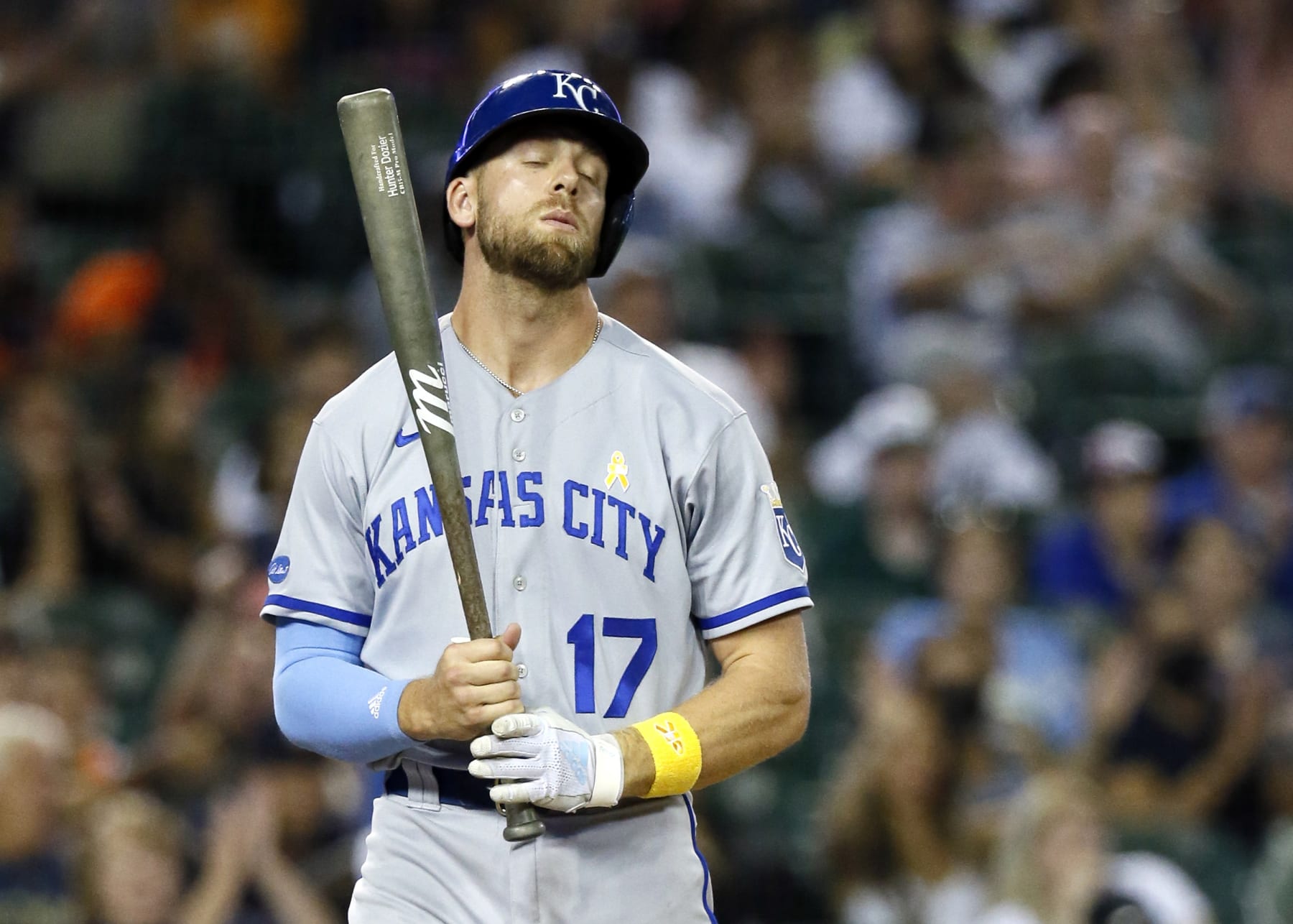 DETROIT, MI -  SEPTEMBER 2:  Hunter Dozier #17 of the Kansas City Royals reacts after being called out on strikes during the ninth inning of a 5-4 loss to the Detroit Tigers at Comerica Park on September 2, 2022, in Detroit, Michigan. (Photo by Duane Burleson/Getty Images)