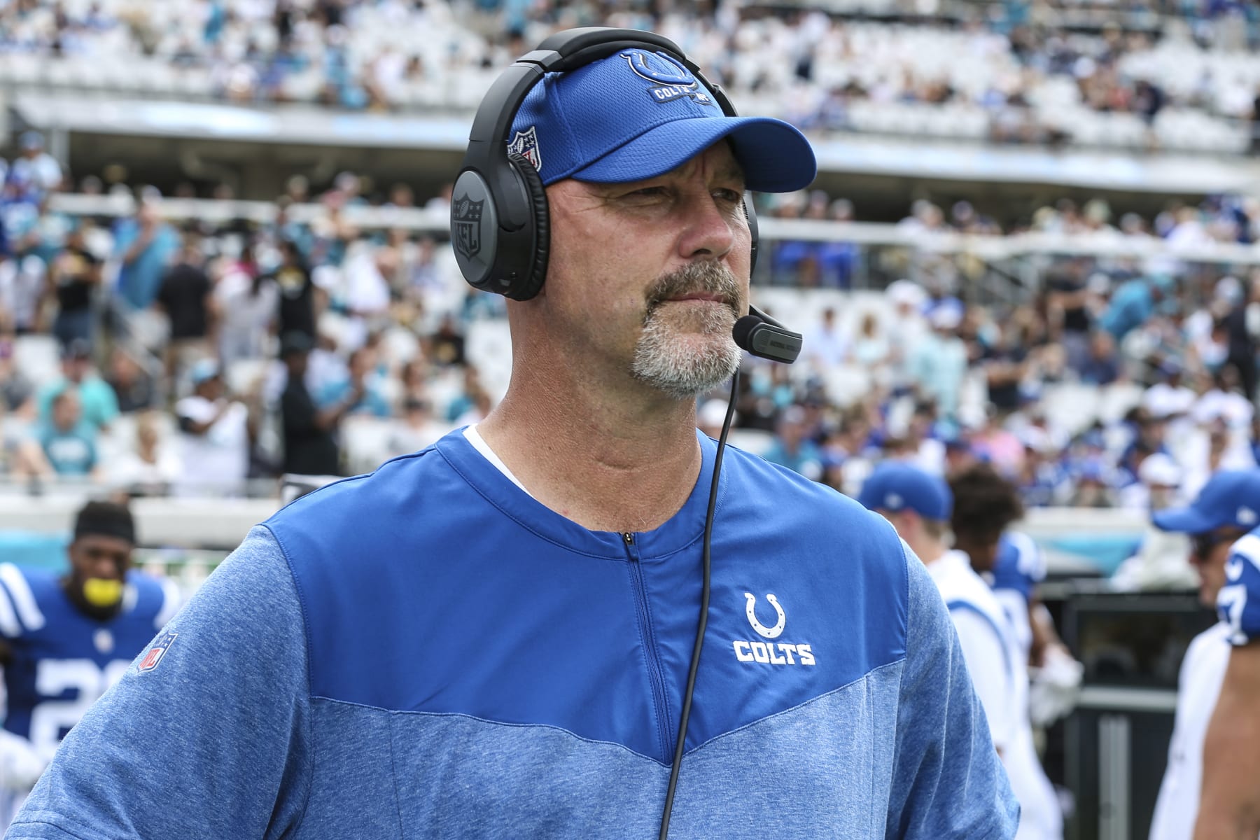 Indianapolis Colts defensive coordinator Gus Bradley before an NFL football game against the Jacksonville Jaguars in Jacksonville, Fla., Sunday, Sept. 18, 2022. (AP Photo/Gary McCullough)