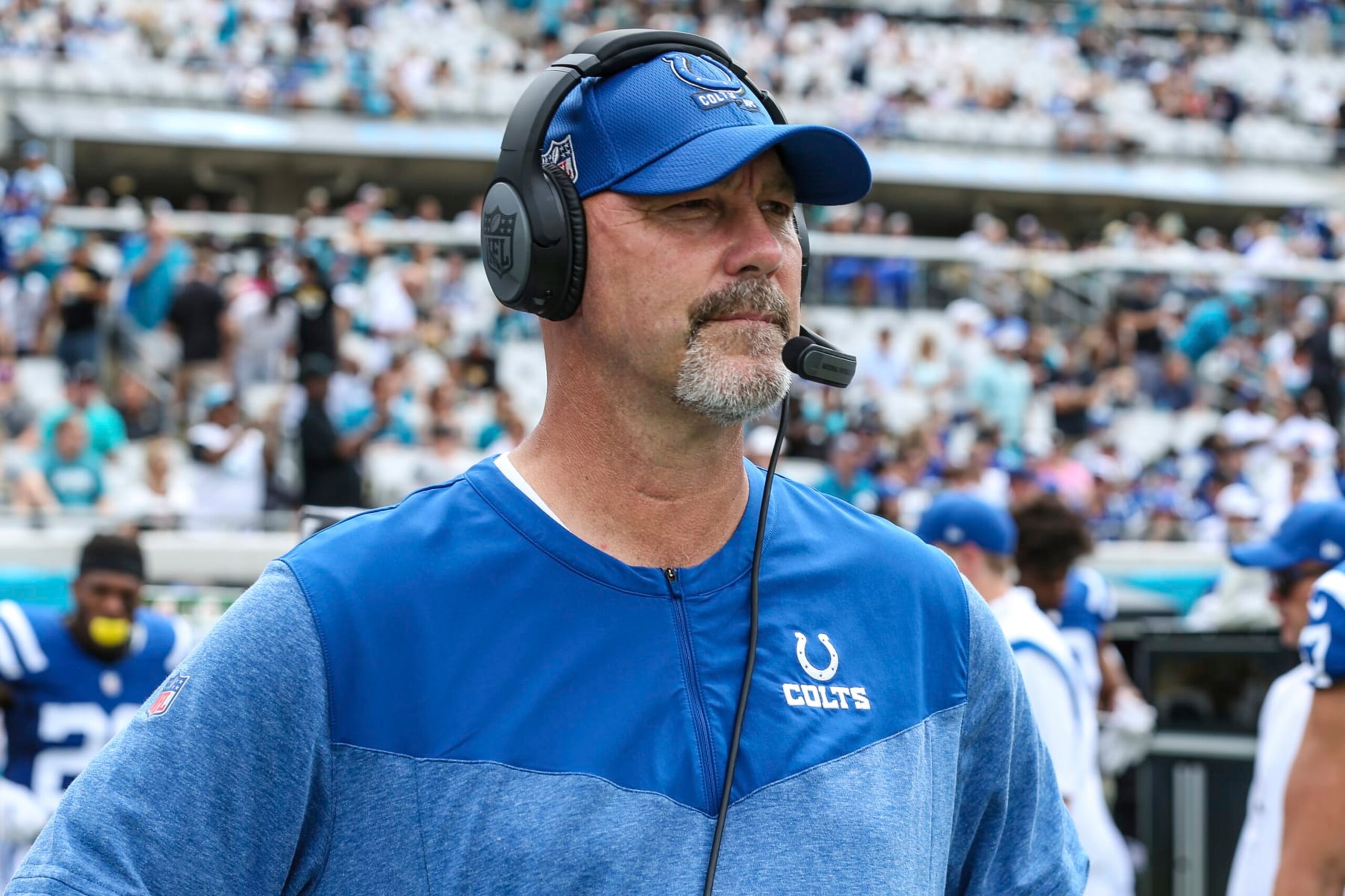 Indianapolis Colts defensive coordinator Gus Bradley before an NFL football game against the Jacksonville Jaguars in Jacksonville, Fla., Sunday, Sept. 18, 2022. (AP Photo/Gary McCullough) Indianapolis Colts defensive coordinator Gus Bradley before an NFL football game against the Jacksonville Jaguars in Jacksonville, Fla., Sunday, Sept. 18, 2022. (AP Photo/Gary McCullough)