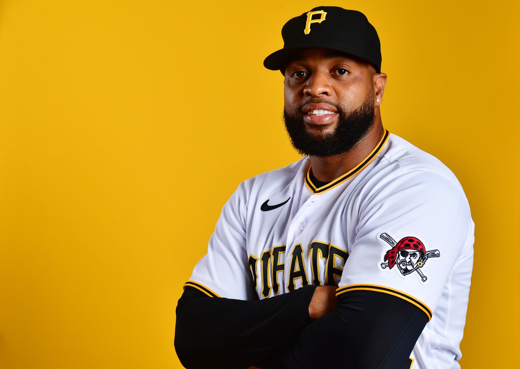 BRADENTON, FLORIDA - FEBRUARY 22: Carlos Santana #41 of the Pittsburgh Pirates poses for a portrait during the 2023 Pittsburgh Pirates Photo Day at Pirate City on February 22, 2023 in Bradenton, Florida. (Photo by Julio Aguilar/Getty Images)