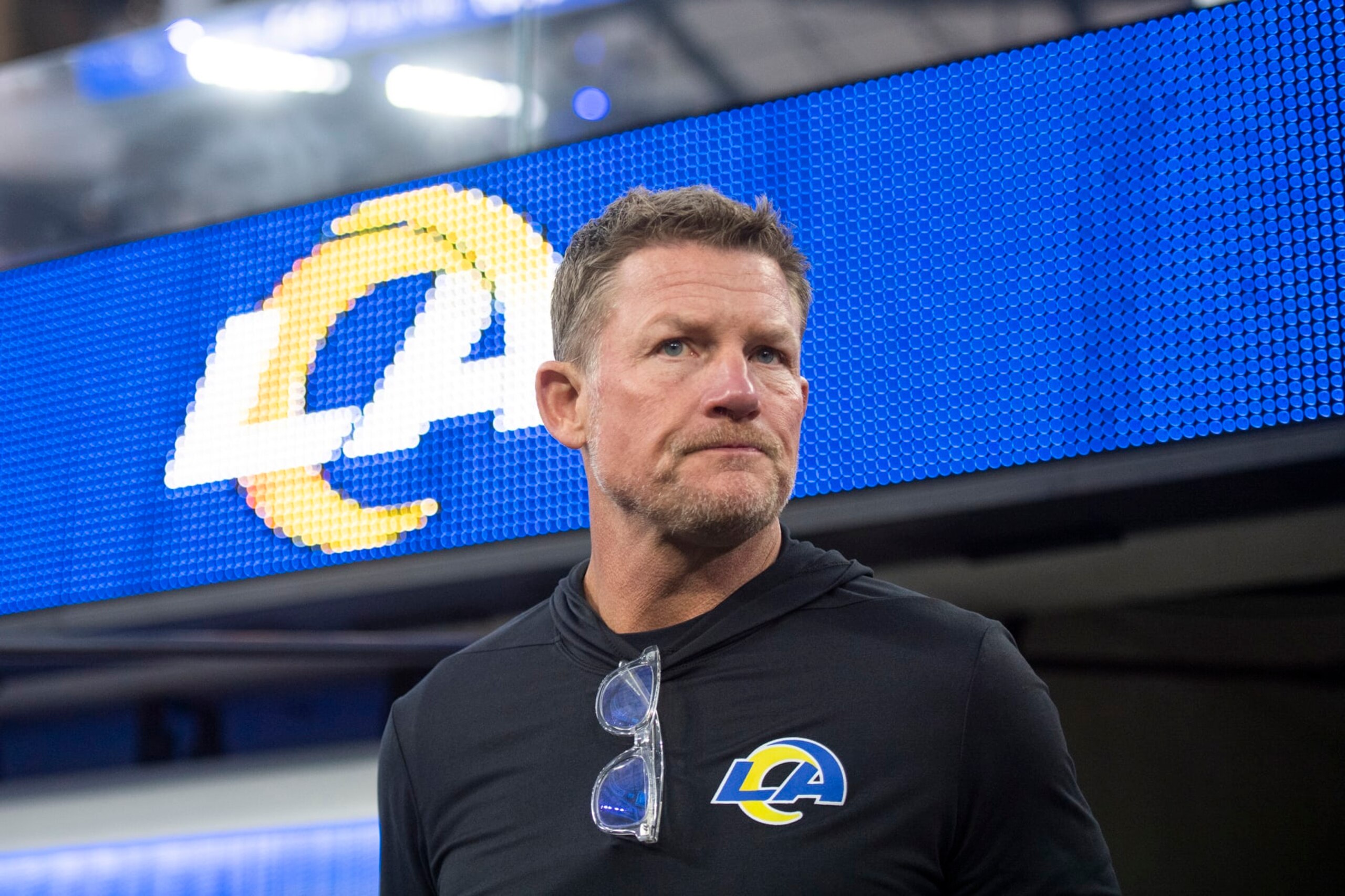 FILE - Los Angeles Rams general manager Les Snead walks on the field before an NFL football game against the Tennessee Titans on Sunday, Nov. 7, 2021, in Inglewood, Calif. Snead says anybody who thinks his Los Angeles Rams are a championship-or-bust machine is telling “a shallow story.” (AP Photo/Kyusung Gong, File)