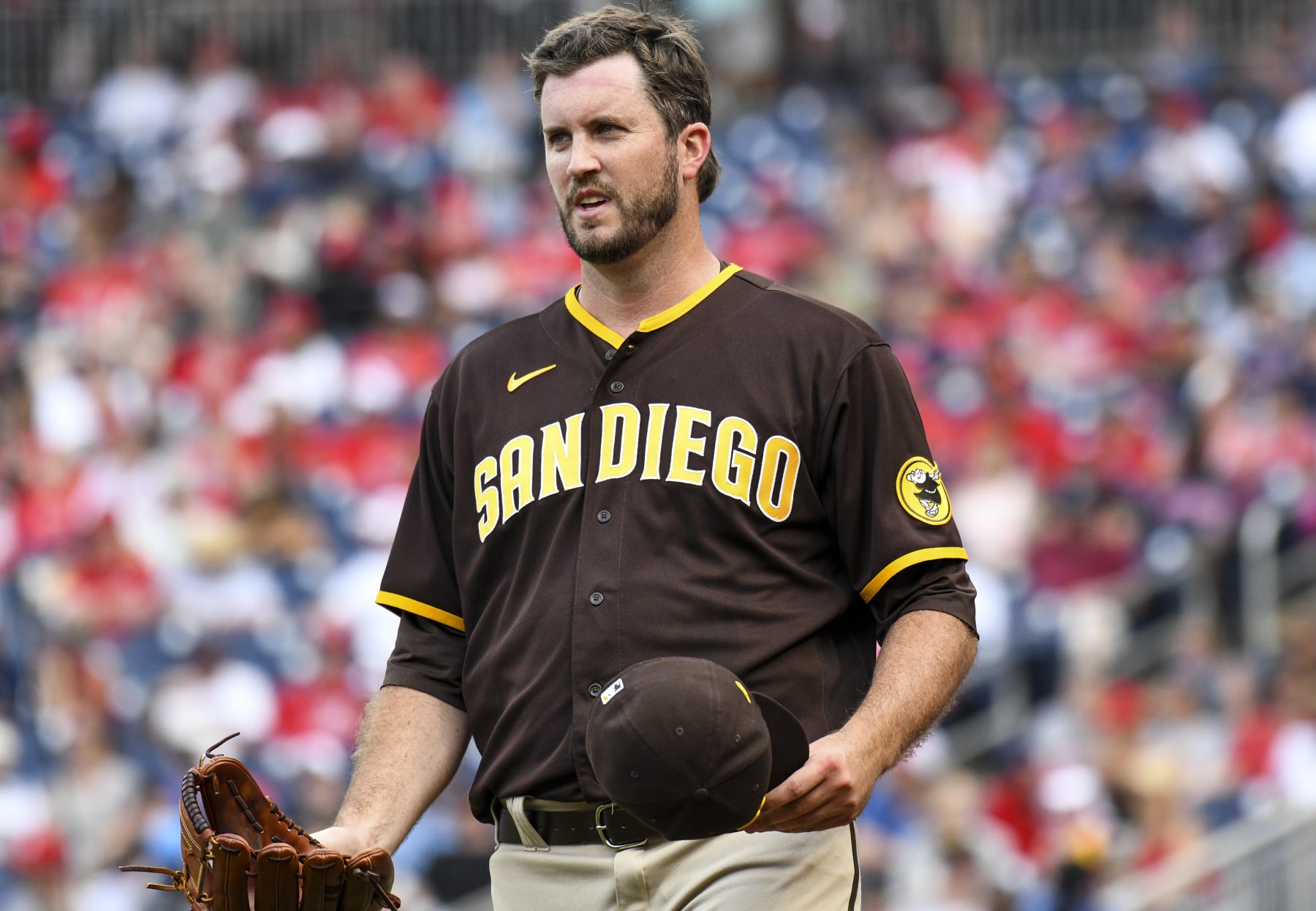 WASHINGTON, DC - JULY 18: San Diego Padres relief pitcher Drew Pomeranz (15) prepares for an inspection after pitching during game 2 of the San Diego Padres versus the Washington Nationals on July 18, 2021 at Nationals Park in Washington, D.C.  (Photo by Mark Goldman/Icon Sportswire via Getty Images)