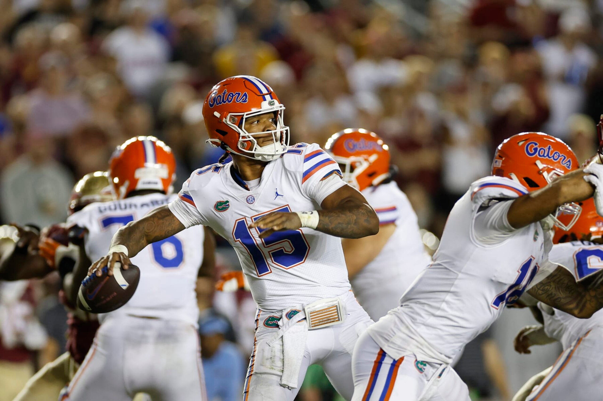 TALLAHASSEE, FL - NOVEMBER 25: Florida Gators quarterback Anthony Richardson (15) throws a pass during the game between the Florida Gators and the Florida State Seminoles on November 25, 2022 at Doak Campbell Stadium in Tallahassee, Fl. (Photo by David Rosenblum/Icon Sportswire via Getty Images) TALLAHASSEE, FL - NOVEMBER 25: Florida Gators quarterback Anthony Richardson (15) throws a pass during the game between the Florida Gators and the Florida State Seminoles on November 25, 2022 at Doak Campbell Stadium in Tallahassee, Fl. (Photo by David Rosenblum/Icon Sportswire via Getty Images)