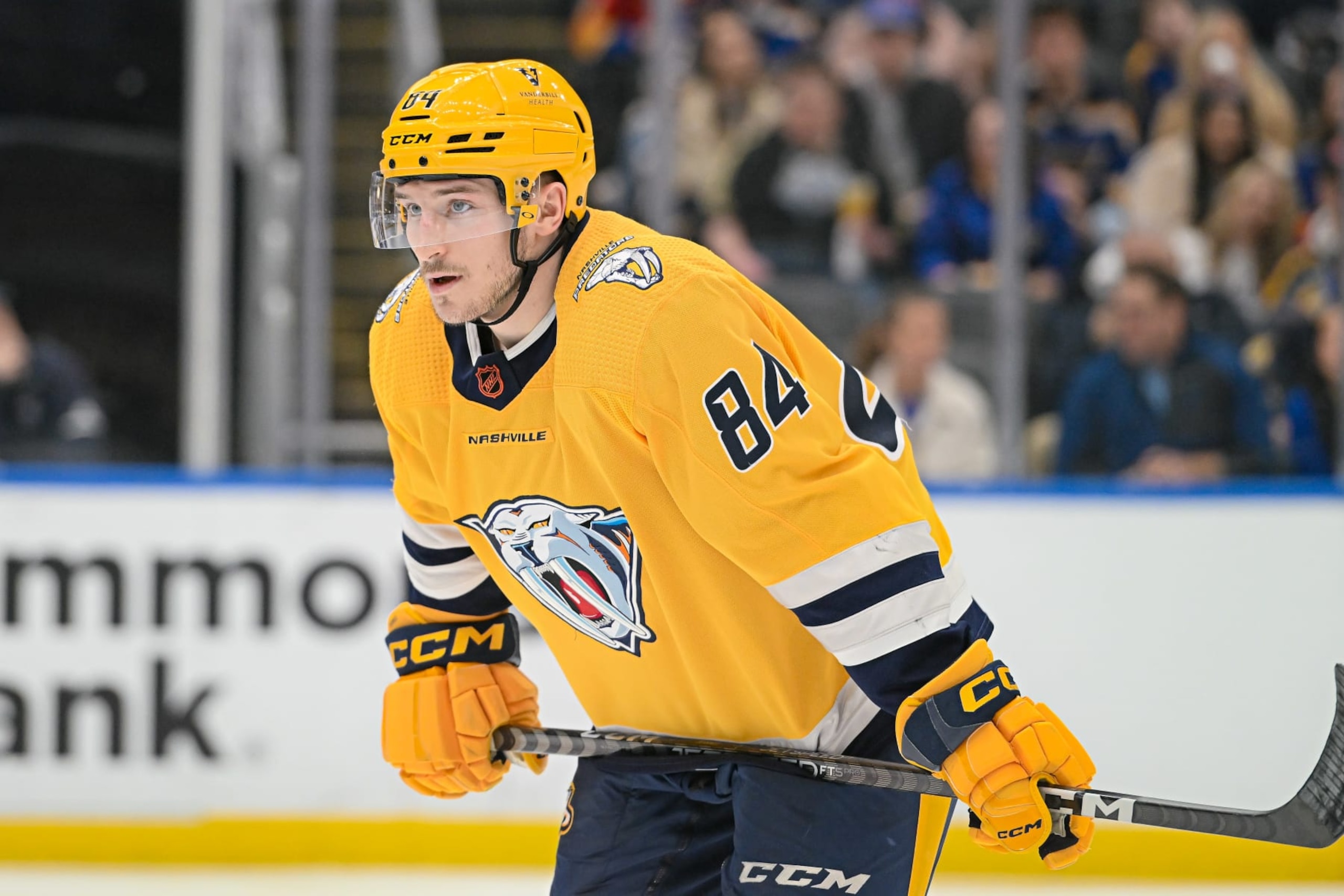ST. LOUIS, MO - JANUARY 19: Nashville Predators left wing Tanner Jeannot (84) waits for the face-off during a game between the Nashville Predators and the St. Louis Blues on January 19, 2023, at the Enterprise Center in St. Louis MO (Photo by Rick Ulreich/Icon Sportswire via Getty Images)