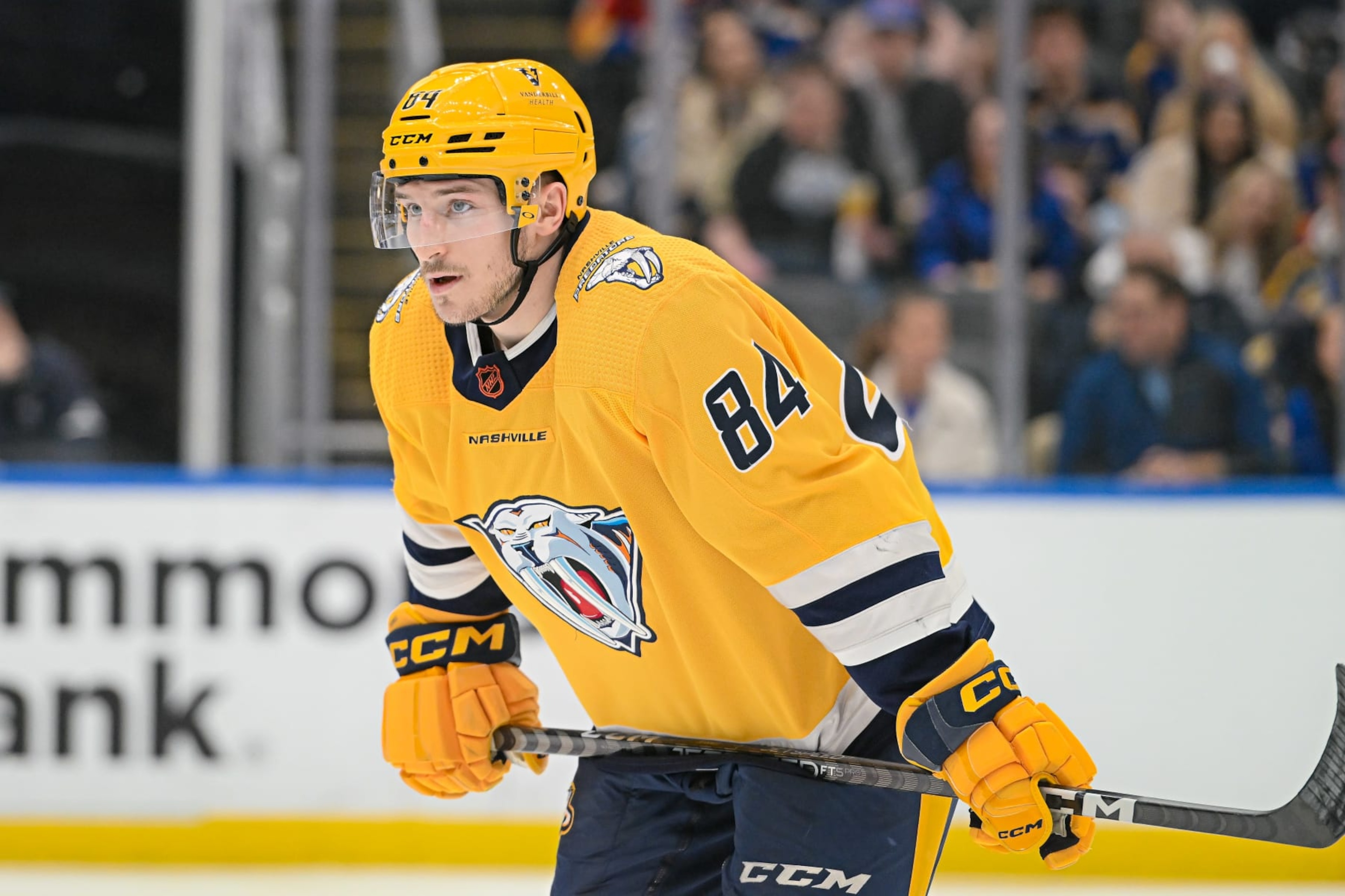 ST. LOUIS, MO - JANUARY 19: Nashville Predators left wing Tanner Jeannot (84) waits for the face-off during a game between the Nashville Predators and the St. Louis Blues on January 19, 2023, at the Enterprise Center in St. Louis MO (Photo by Rick Ulreich/Icon Sportswire via Getty Images) ST. LOUIS, MO - JANUARY 19: Nashville Predators left wing Tanner Jeannot (84) waits for the face-off during a game between the Nashville Predators and the St. Louis Blues on January 19, 2023, at the Enterprise Center in St. Louis MO (Photo by Rick Ulreich/Icon Sportswire via Getty Images)