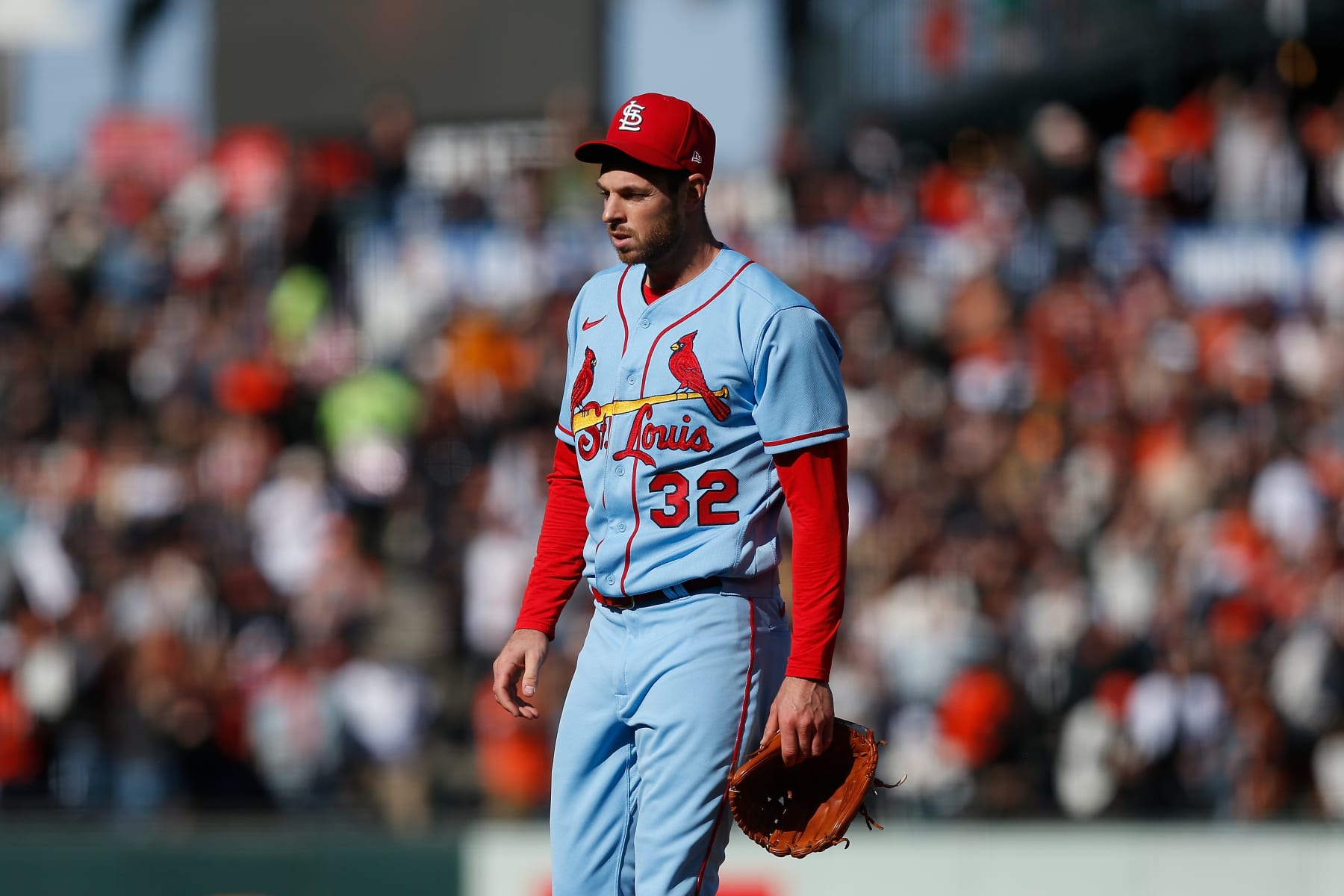 SAN FRANCISCO, CALIFORNIA - MAY 07: Steven Matz #32 of the St. Louis Cardinals reacts after giving up a two-run home run against the San Francisco Giants at Oracle Park on May 07, 2022 in San Francisco, California. (Photo by Lachlan Cunningham/Getty Images)