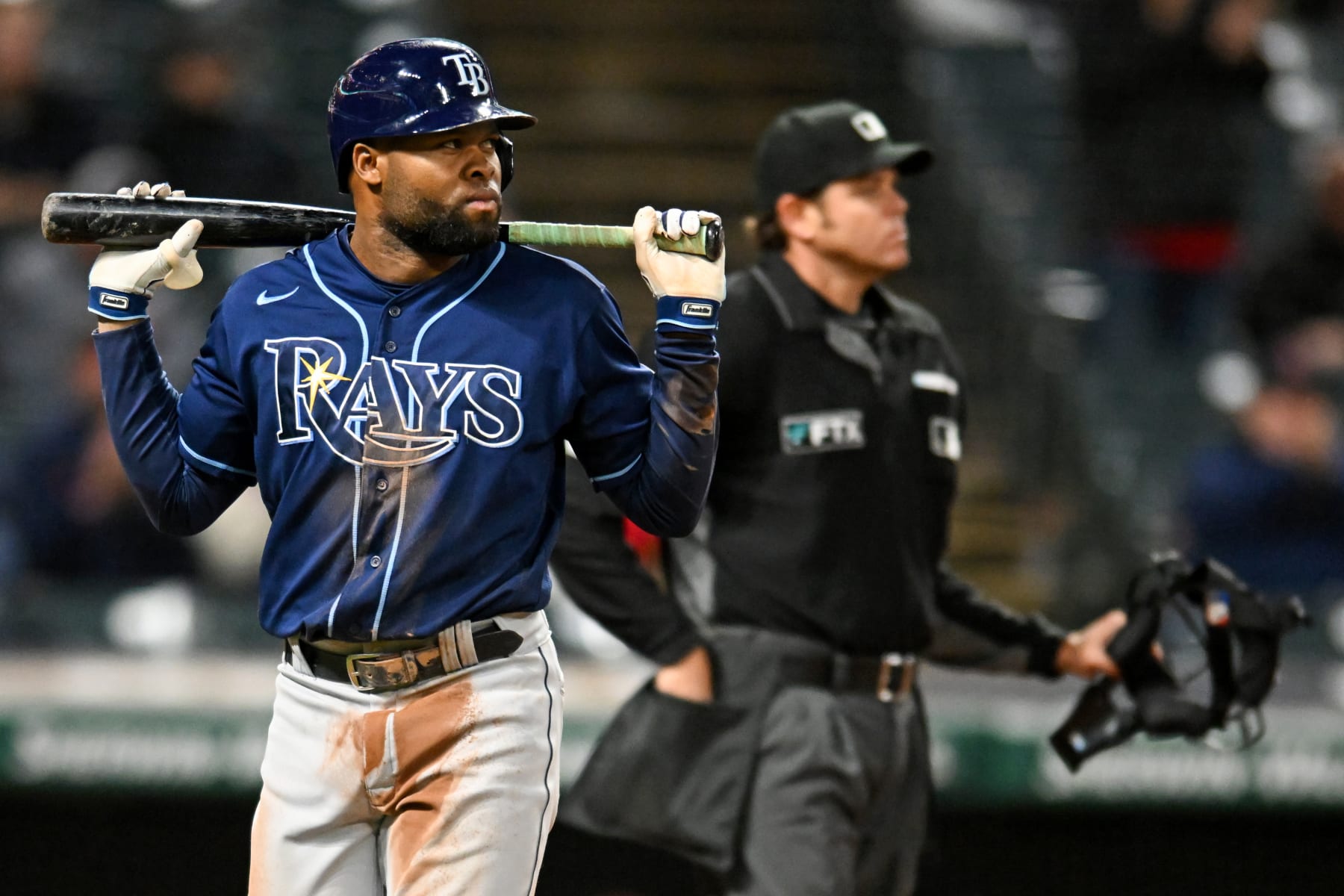 CLEVELAND, OHIO - SEPTEMBER 28: Manuel Margot #13 of the Tampa Bay Rays reacts after striking out during the tenth inning against the Cleveland Guardians at Progressive Field on September 28, 2022 in Cleveland, Ohio. (Photo by Nick Cammett/Getty Images)