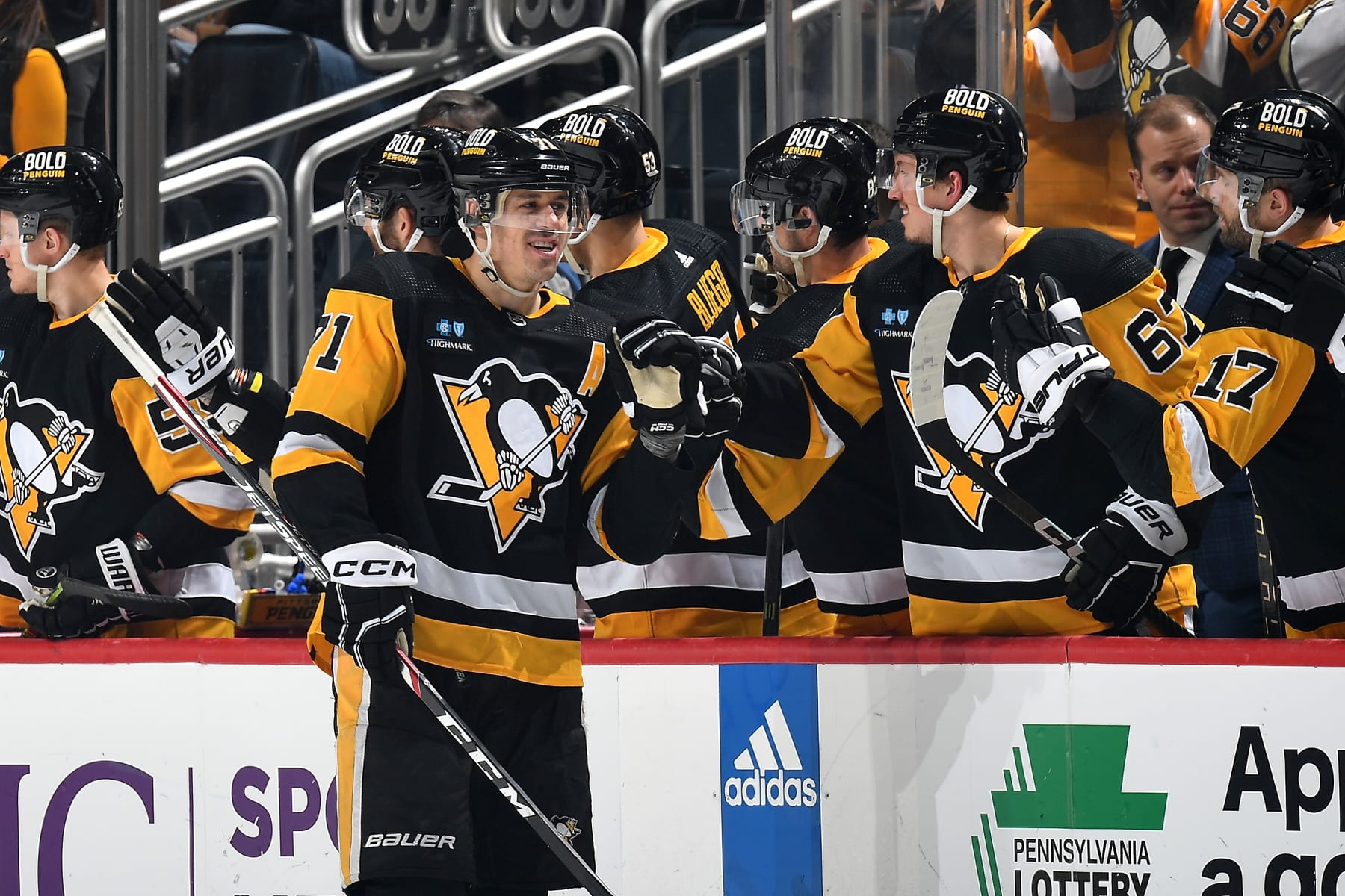 PITTSBURGH, PA - FEBRUARY 26:  Evgeni Malkin #71 of the Pittsburgh Penguins celebrates his second period goal against the Tampa Bay Lightning at PPG PAINTS Arena on February 26, 2023 in Pittsburgh, Pennsylvania. (Photo by Joe Sargent/NHLI via Getty Images)