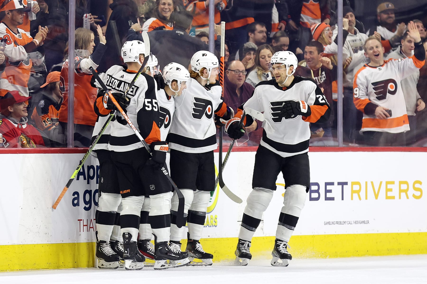 PHILADELPHIA, PENNSYLVANIA - JANUARY 19: The Philadelphia Flyers celebrate a goal by Morgan Frost #48 against the Chicago Blackhawks at Wells Fargo Center on January 19, 2023 in Philadelphia, Pennsylvania. (Photo by Tim Nwachukwu/Getty Images)