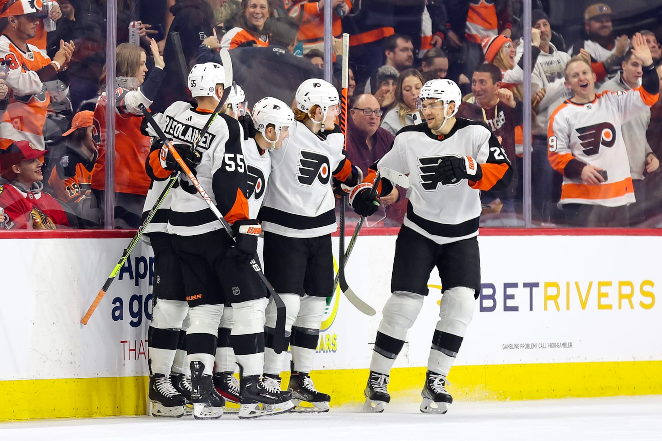 PHILADELPHIA, PENNSYLVANIA - JANUARY 19: The Philadelphia Flyers celebrate a goal by Morgan Frost #48 against the Chicago Blackhawks at Wells Fargo Center on January 19, 2023 in Philadelphia, Pennsylvania. (Photo by Tim Nwachukwu/Getty Images)