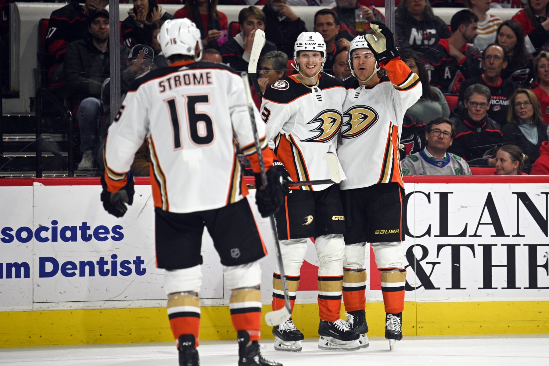 RALEIGH, NC - FEBRUARY 25: Anaheim Ducks Defenceman John Klingberg (3) and Anaheim Ducks Left Wing Trevor Zegras (11) celebrate scoring a goal with Anaheim Ducks Center Ryan Strome (16) during the game between the Anaheim Ducks and the Carolina Hurricanes on February 25, 2023 at PNC Arena in Raleigh, North Carolina. (Photo by Katherine Gawlik/Icon Sportswire via Getty Images)