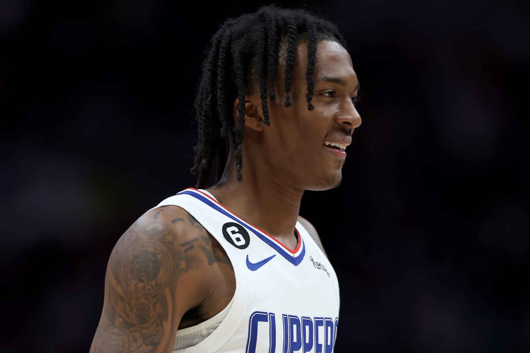 DENVER, COLORADO - FEBRUARY 26: Bones Hyland #5 of the Los Angeles Clippers plays the Denver Nuggets in the first quarter at Ball Arena on February 26, 2023 in Denver, Colorado. NOTE TO USER: User expressly acknowledges and agrees that, by downloading and/or using this photograph, User is consenting to the terms and conditions of the Getty Images License Agreement. (Photo by Matthew Stockman/Getty Images)