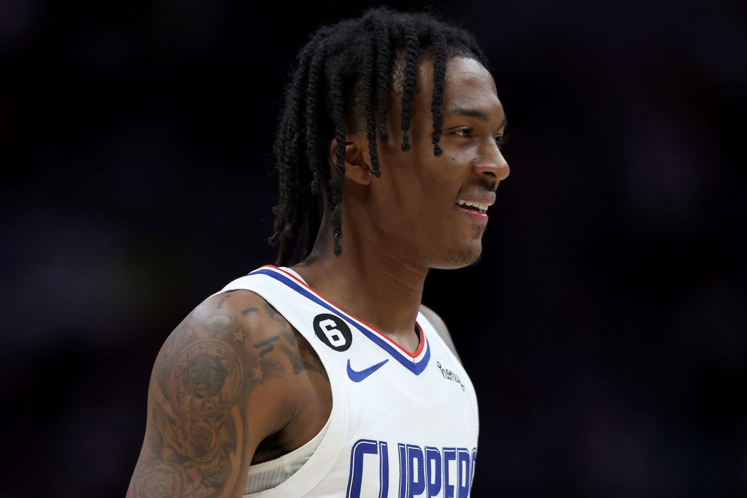 DENVER, COLORADO - FEBRUARY 26: Bones Hyland #5 of the Los Angeles Clippers plays the Denver Nuggets in the first quarter at Ball Arena on February 26, 2023 in Denver, Colorado. NOTE TO USER: User expressly acknowledges and agrees that, by downloading and/or using this photograph, User is consenting to the terms and conditions of the Getty Images License Agreement. (Photo by Matthew Stockman/Getty Images)