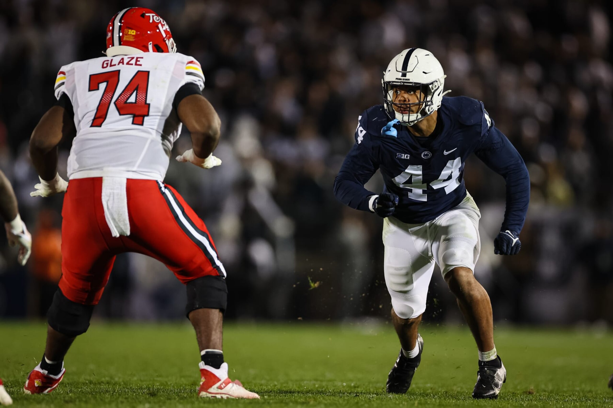 STATE COLLEGE, PA - NOVEMBER 12: Chop Robinson #44 of the Penn State Nittany Lions in action against Delmar Glaze #74 of the Maryland Terrapins during the second half at Beaver Stadium on November 12, 2022 in State College, Pennsylvania. (Photo by Scott Taetsch/Getty Images)