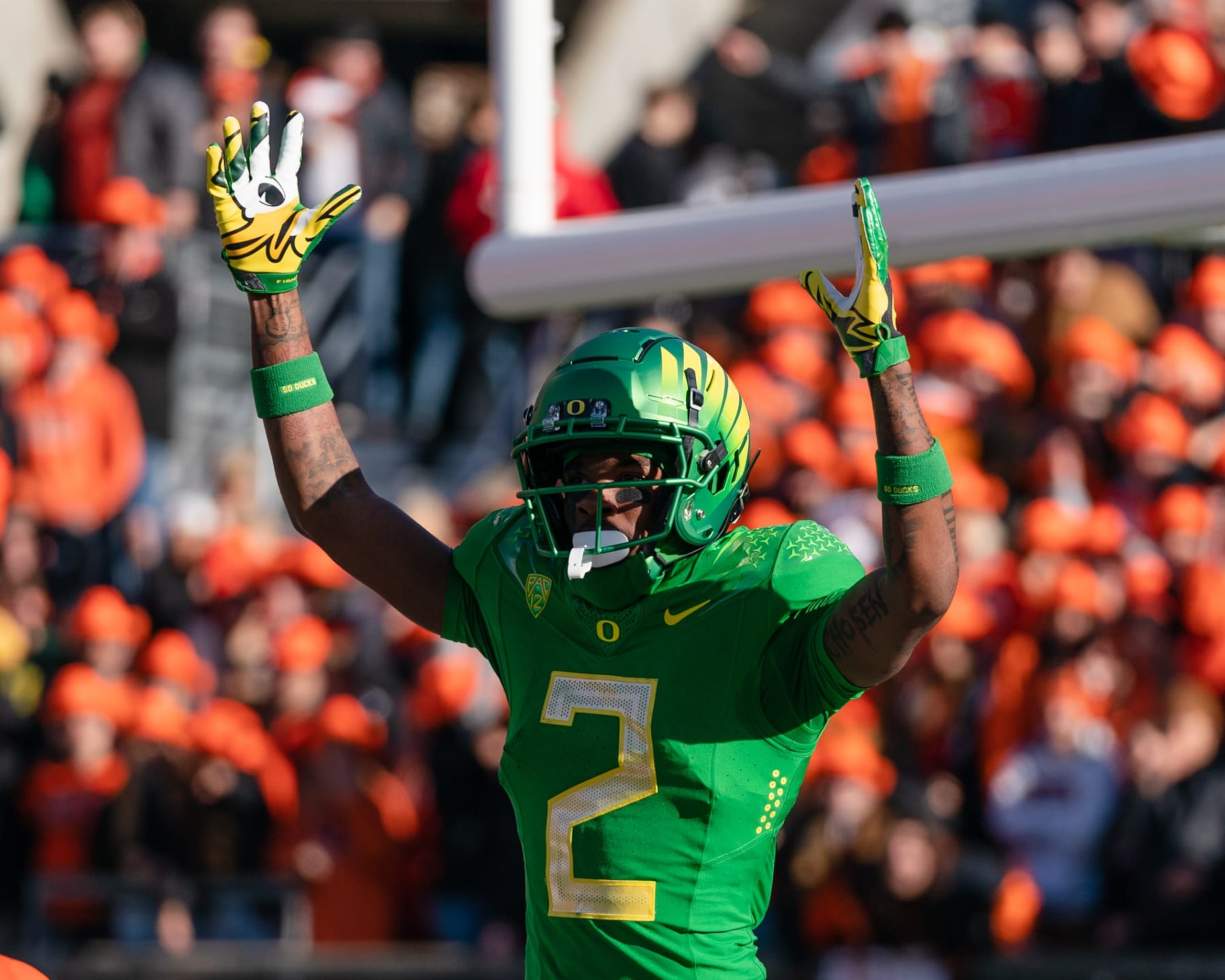 CORVALLIS, OR - NOVEMBER 26:  Wide receiver Dont'e Thornton #2 of the Oregon Ducks reacts during the first half of the game against the Oregon State Beavers at Reser Stadium on November 26, 2022 in Corvallis, Oregon. (Photo by Ali Gradischer/Getty Images)