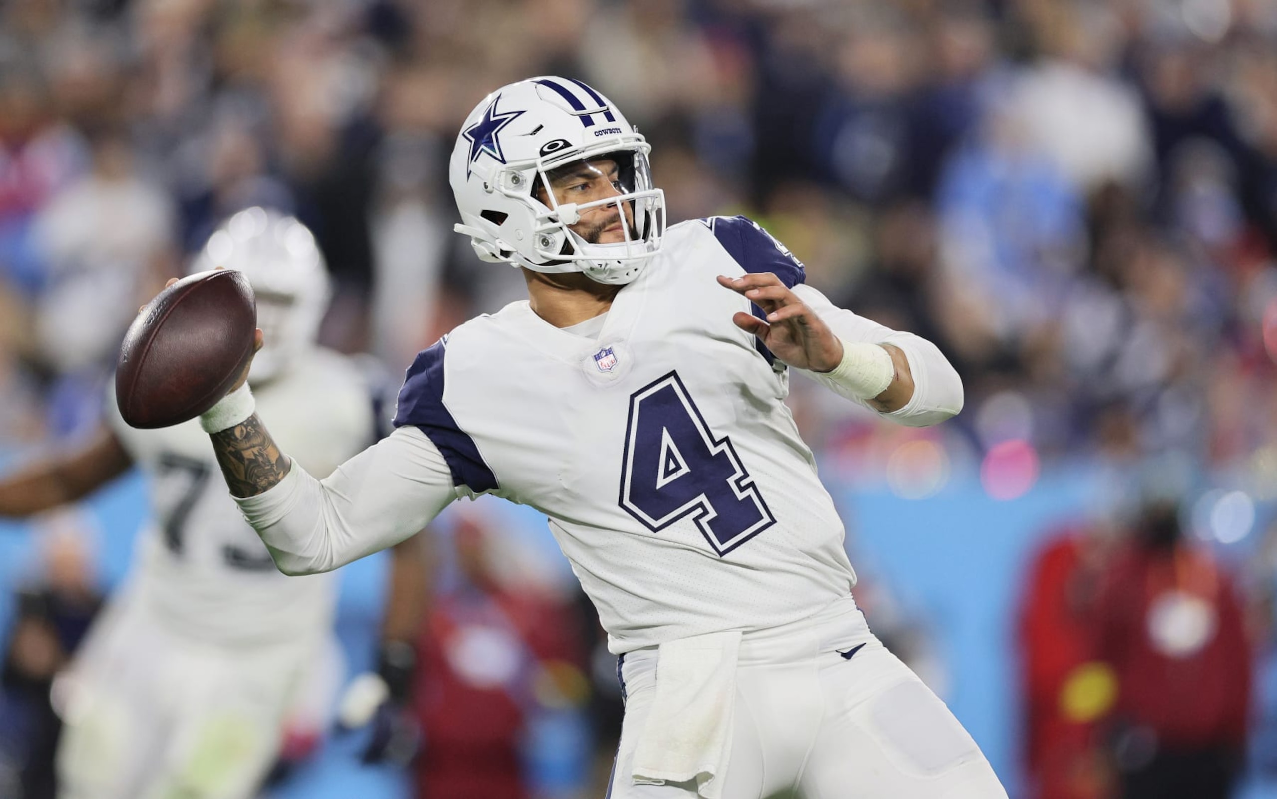 NASHVILLE, TENNESSEE - DECEMBER 29: Dak Prescott #4 of the Dallas Cowboys against the Tennessee Titans at Nissan Stadium on December 29, 2022 in Nashville, Tennessee. (Photo by Andy Lyons/Getty Images)
