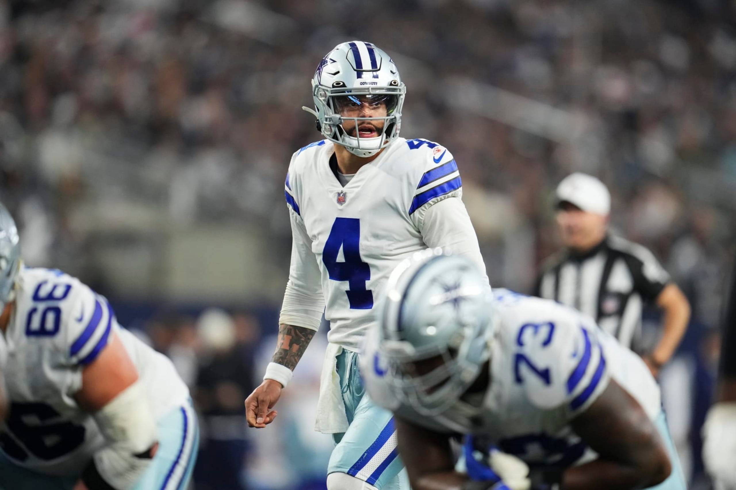 ARLINGTON, TX - DECEMBER 24:Dak Prescott #4 of the Dallas Cowboys gets set against the Philadelphia Eagles at AT&T Stadium on December 24, 2022 in Arlington, Texas. (Photo by Cooper Neill/Getty Images)