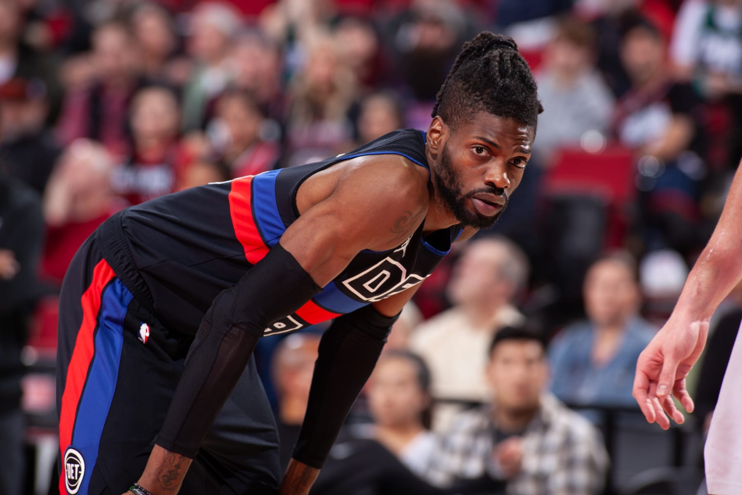 PORTLAND, OR - JANUARY 2:  Nerlens Noel #9 of the Detroit Pistons looks on during the game against the Portland Trail Blazers on January 2, 2023 at the Moda Center Arena in Portland, Oregon. NOTE TO USER: User expressly acknowledges and agrees that, by downloading and or using this photograph, user is consenting to the terms and conditions of the Getty Images License Agreement. Mandatory Copyright Notice: Copyright 2023 NBAE (Photo by Cameron Browne/NBAE via Getty Images)