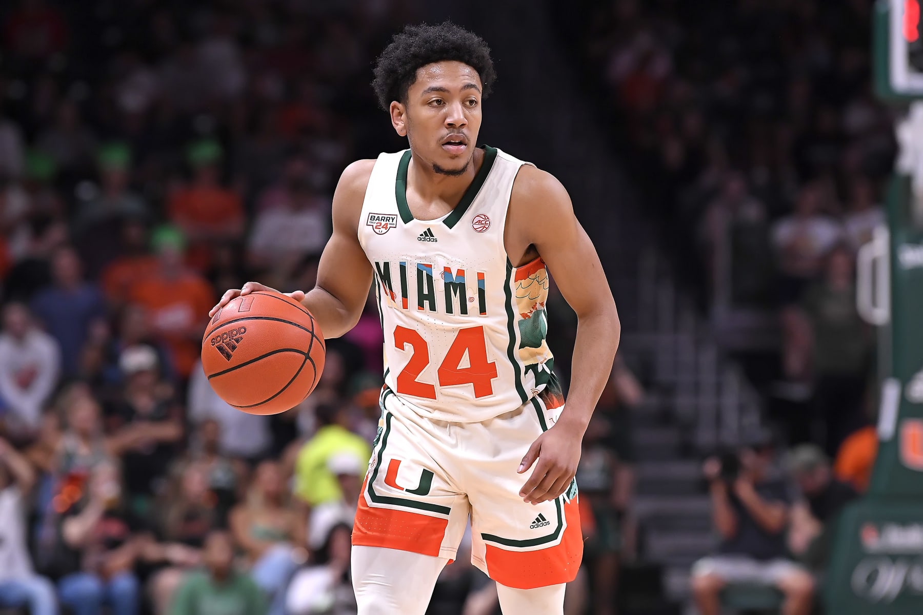 CORAL GABLES, FL - FEB 18: Miami guard Nijel Pack (24) handles the ball in the first half as the Miami Hurricanes faced the Wake Forest Demon Deacons on February 18, 2023, at the Watsco Center in Coral Gables, Florida. (Photo by Samuel Lewis/Icon Sportswire via Getty Images)