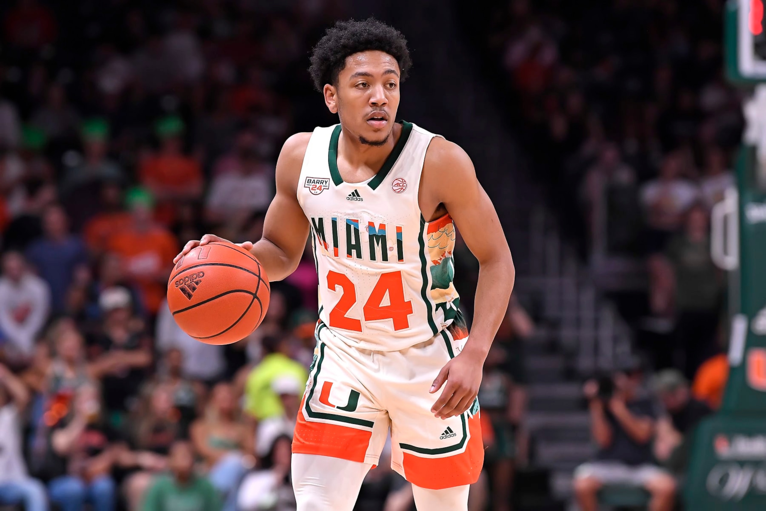 CORAL GABLES, FL - FEB 18: Miami guard Nijel Pack (24) handles the ball in the first half as the Miami Hurricanes faced the Wake Forest Demon Deacons on February 18, 2023, at the Watsco Center in Coral Gables, Florida. (Photo by Samuel Lewis/Icon Sportswire via Getty Images)