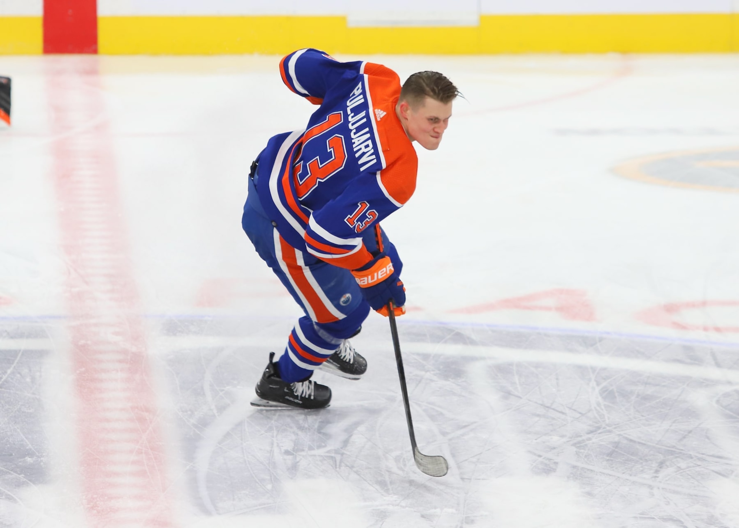 EDMONTON, CANADA - FEBRUARY 21: Jesse Puljujarvi #13 of the Edmonton Oilers warms up prior to the game against the Philadelphia Flyers on February 21, 2023 at Rogers Place in Edmonton, Alberta, Canada. (Photo by Lawrence Scott/Getty Images)