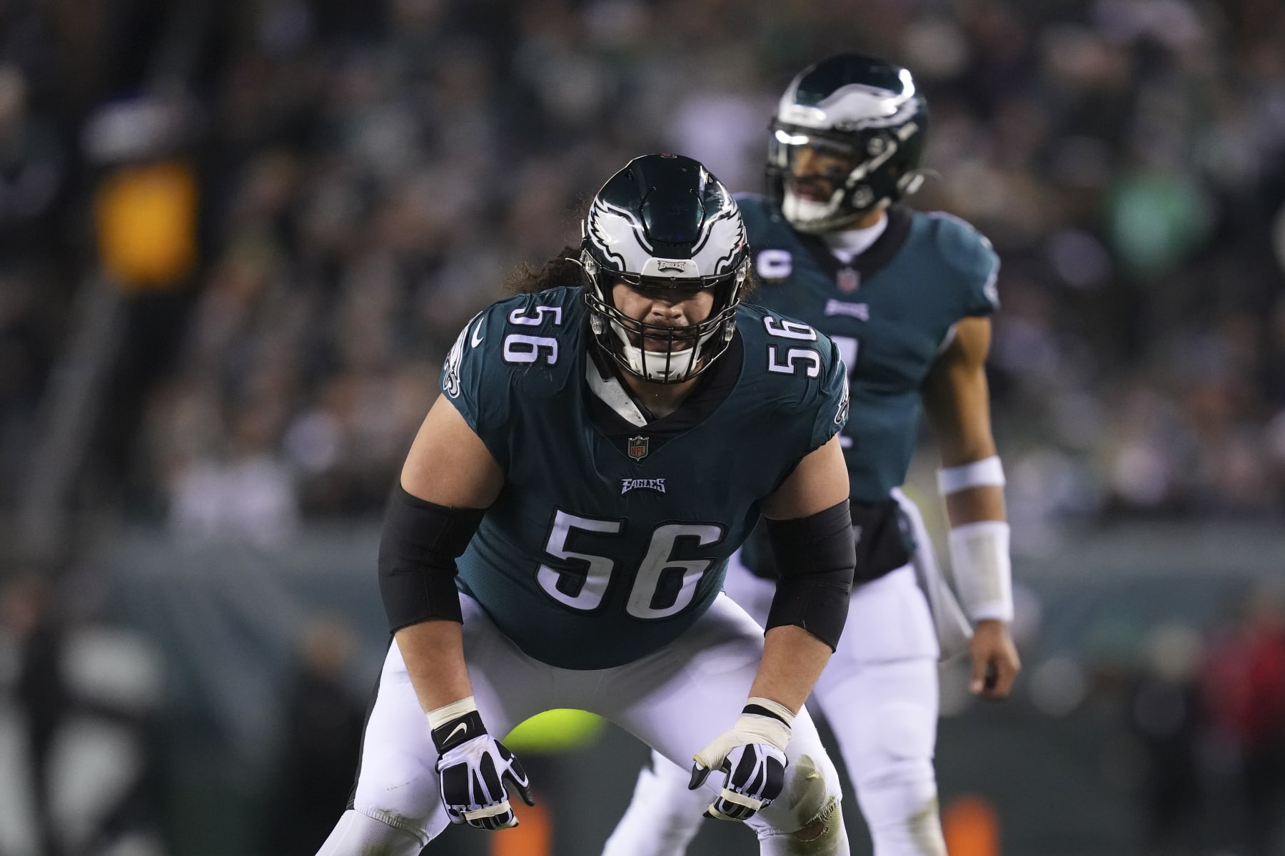 PHILADELPHIA, PA - JANUARY 21: Isaac Seumalo #56 of the Philadelphia Eagles in action against the New York Giants during the NFC Divisional Playoff game at Lincoln Financial Field on January 21, 2023 in Philadelphia, Pennsylvania. (Photo by Mitchell Leff/Getty Images)