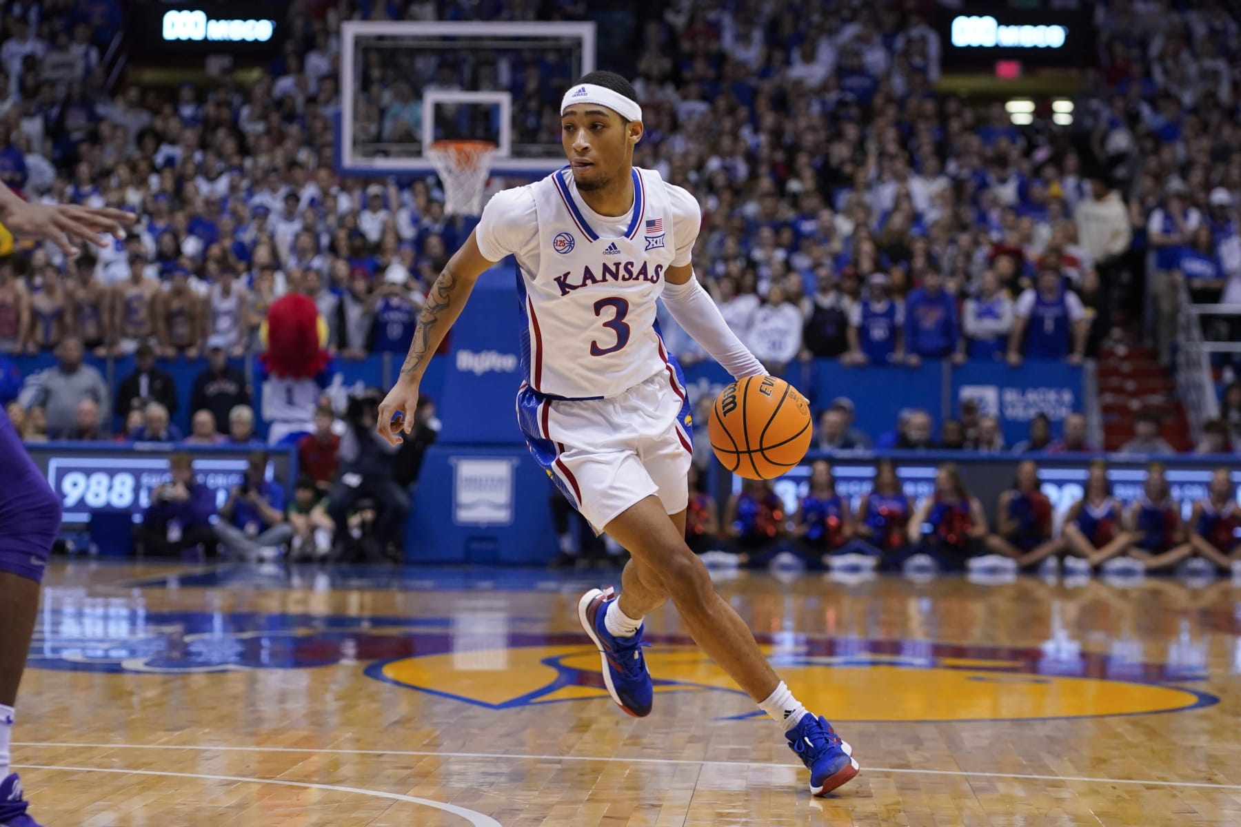 LAWRENCE, KS - JANUARY 31: Dajuan Harris Jr. #3 of the Kansas Jayhawks in action during the game against the Kansas State Wildcats at Allen Fieldhouse on January 31, 2023 in Lawrence, Kansas. (Photo by Ed Zurga/Getty Images)