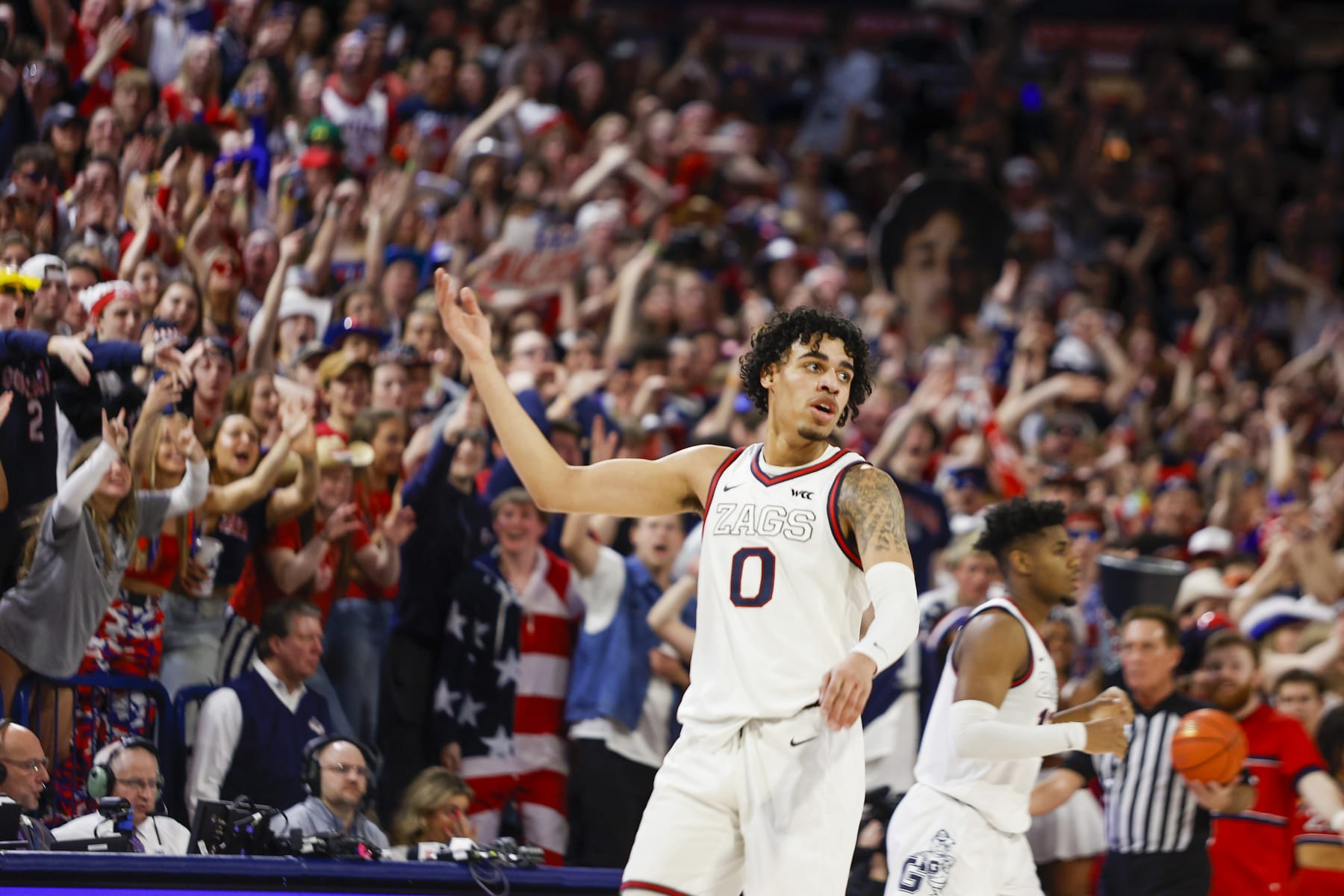 SPOKANE, WA - FEBRUARY 25: Gonzaga Bulldogs guard Julian Strawther (0) motions for the crowd to get excited during the game between the St. Mary's Gaels and the Gonzaga Bulldogs on February 25, 2023, at McCarthey Athletic Center in Spokane, WA.