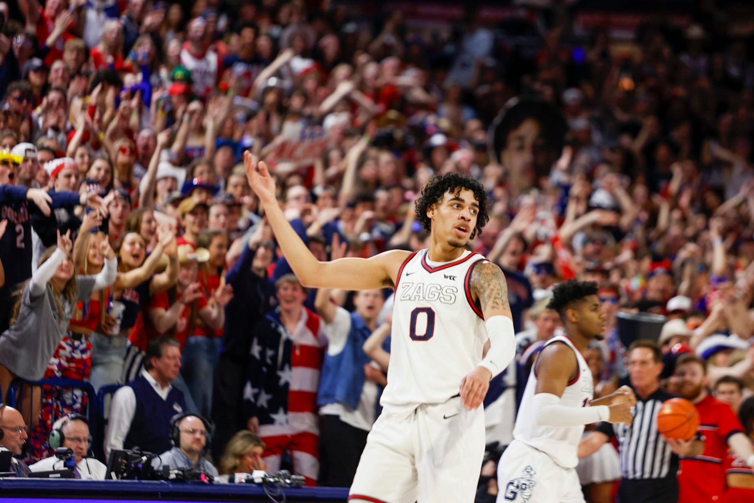 SPOKANE, WA - FEBRUARY 25: Gonzaga Bulldogs guard Julian Strawther (0) motions for the crowd to get excited during the game between the St. Mary's Gaels and the Gonzaga Bulldogs on February 25, 2023, at McCarthey Athletic Center in Spokane, WA.