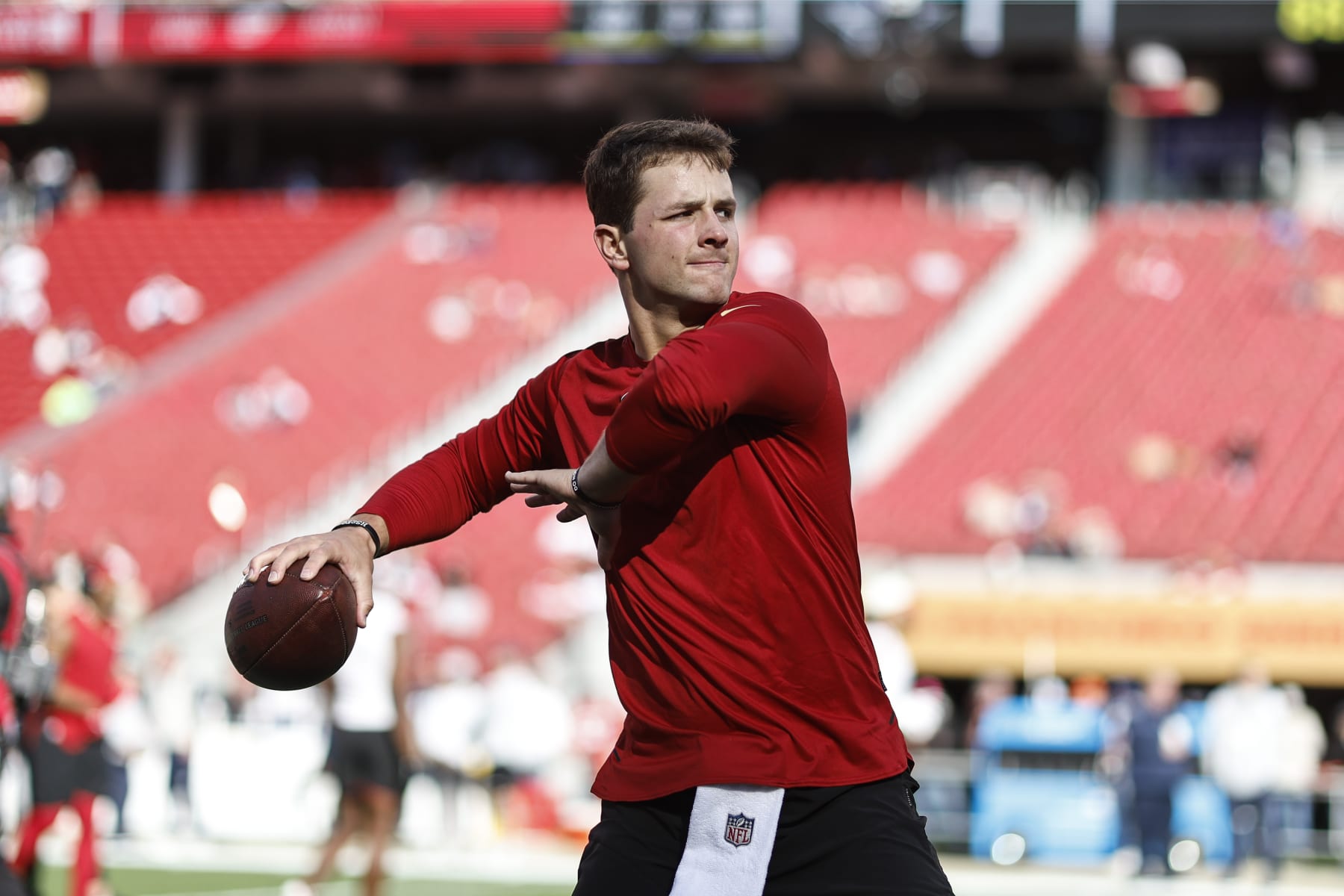 SANTA CLARA, CALIFORNIA - JANUARY 22: Brock Purdy #13 of the San Francisco 49ers passes as he warms up prior to an NFL divisional round playoff football game between the San Francisco 49ers and the Dallas Cowboys at Levi's Stadium on January 22, 2023 in Santa Clara, California. (Photo by Michael Owens/Getty Images)