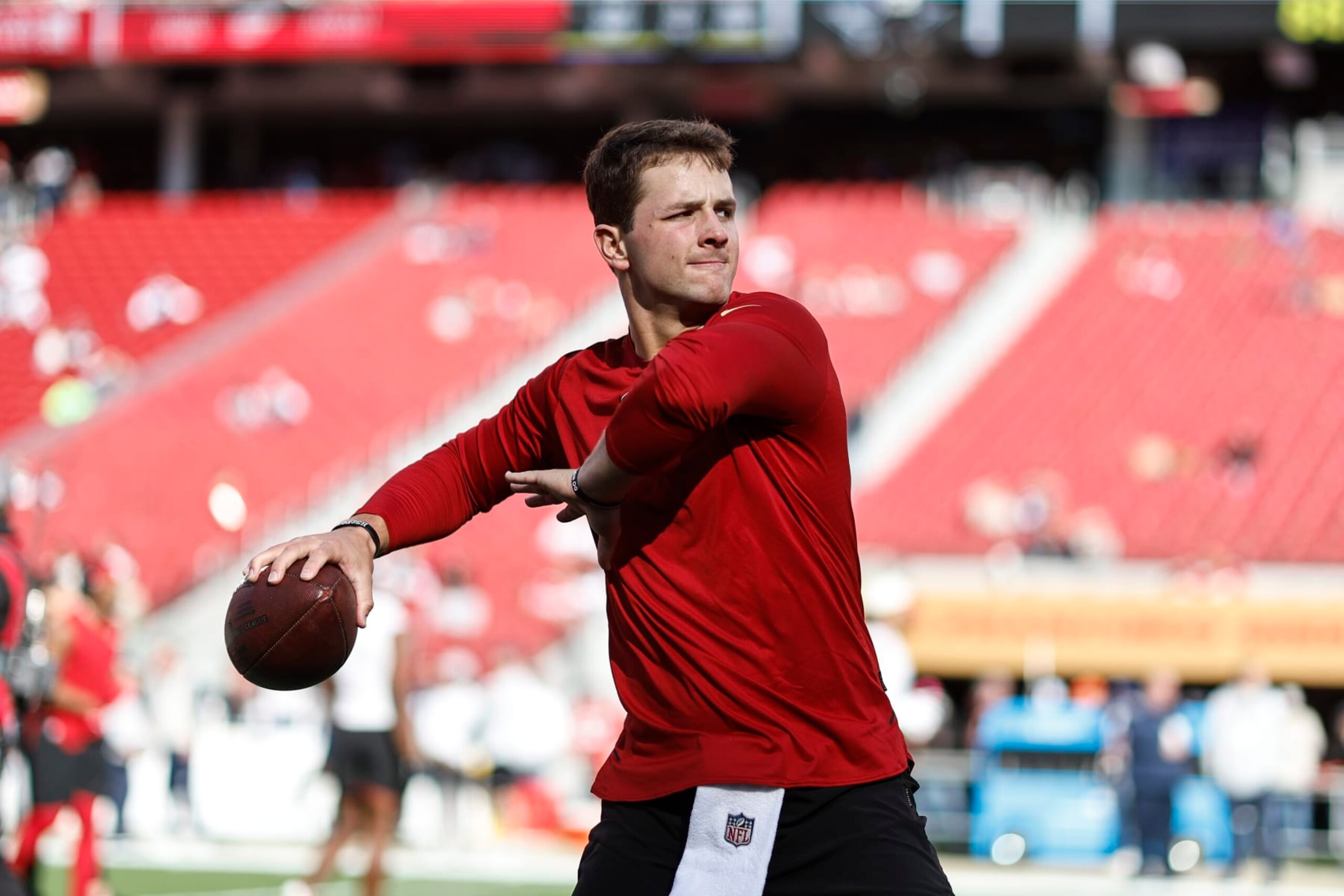 SANTA CLARA, CALIFORNIA - JANUARY 22: Brock Purdy #13 of the San Francisco 49ers passes as he warms up prior to an NFL divisional round playoff football game between the San Francisco 49ers and the Dallas Cowboys at Levi's Stadium on January 22, 2023 in Santa Clara, California. (Photo by Michael Owens/Getty Images)