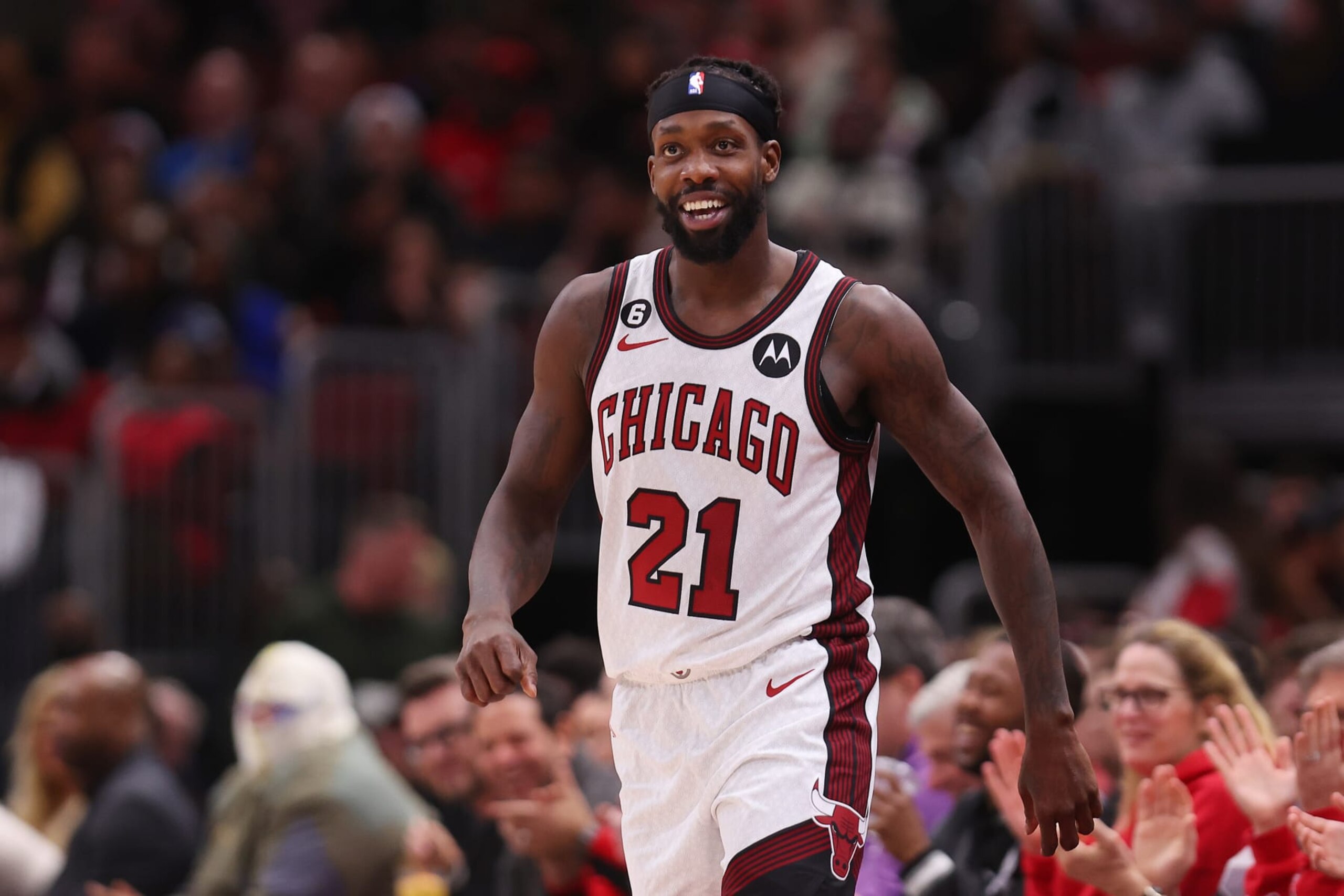 CHICAGO, ILLINOIS - FEBRUARY 24: Patrick Beverley #21 of the Chicago Bulls celebrates a layup and a foul against the Brooklyn Nets during the first half at United Center on February 24, 2023 in Chicago, Illinois. NOTE TO USER: User expressly acknowledges and agrees that, by downloading and or using this photograph, User is consenting to the terms and conditions of the Getty Images License Agreement.  (Photo by Michael Reaves/Getty Images)