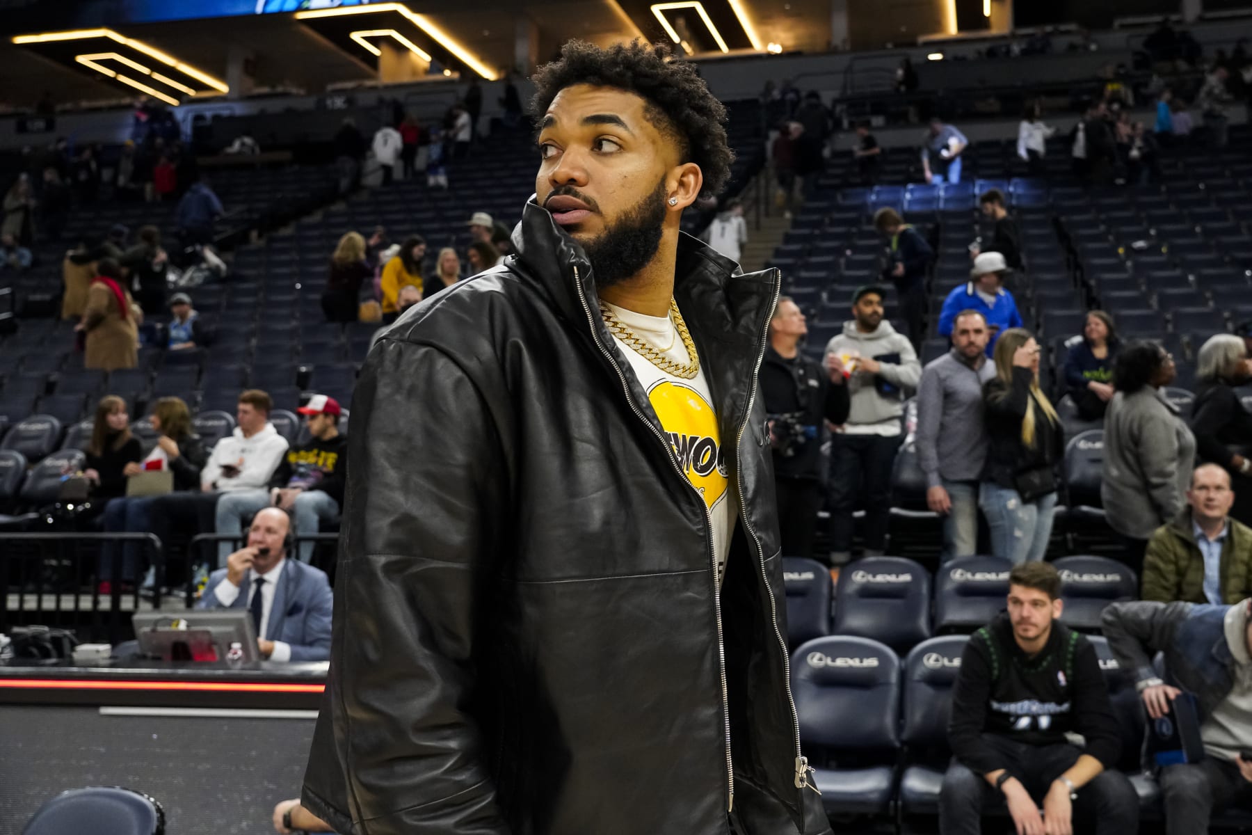 MINNEAPOLIS, MN - FEBRUARY 16: Karl-Anthony Towns #32 of the Minnesota Timberwolves walks off the court after the game against the Washington Wizards at Target Center on February 16, 2023 in Minneapolis, Minnesota. The Wizards defeated the Timberwolves 114-106. NOTE TO USER: User expressly acknowledges and agrees that, by downloading and or using this Photograph, user is consenting to the terms and conditions of the Getty Images License Agreement. (Photo by David Berding/Getty Images)