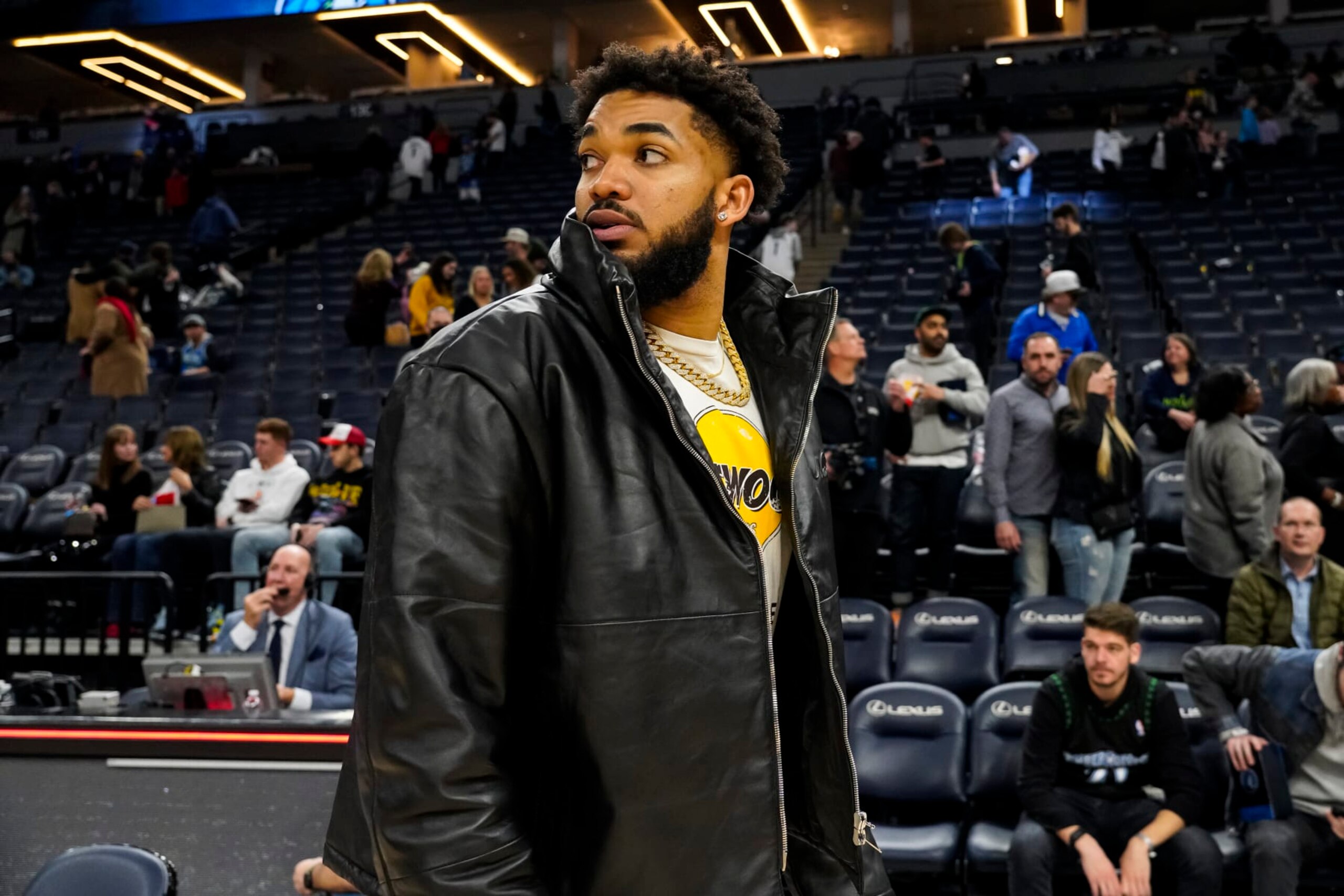 MINNEAPOLIS, MN - FEBRUARY 16: Karl-Anthony Towns #32 of the Minnesota Timberwolves walks off the court after the game against the Washington Wizards at Target Center on February 16, 2023 in Minneapolis, Minnesota. The Wizards defeated the Timberwolves 114-106. NOTE TO USER: User expressly acknowledges and agrees that, by downloading and or using this Photograph, user is consenting to the terms and conditions of the Getty Images License Agreement. (Photo by David Berding/Getty Images)