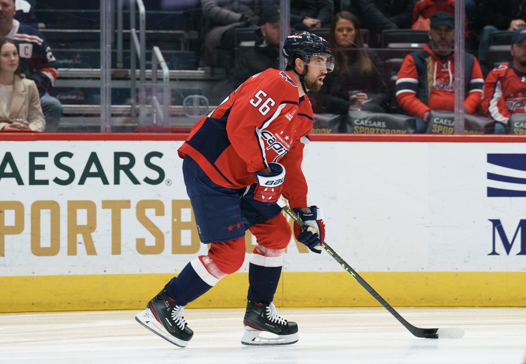 WASHINGTON, DC - FEBRUARY 25: Washington Capitals defenseman Erik Gustafsson (56) in action during a NHL game between the Washington Capitals and the New York Rangers on February 25, 2023 at Capital One Arena in Washington DC.
(Photo by Tony Quinn/Icon Sportswire via Getty Images)