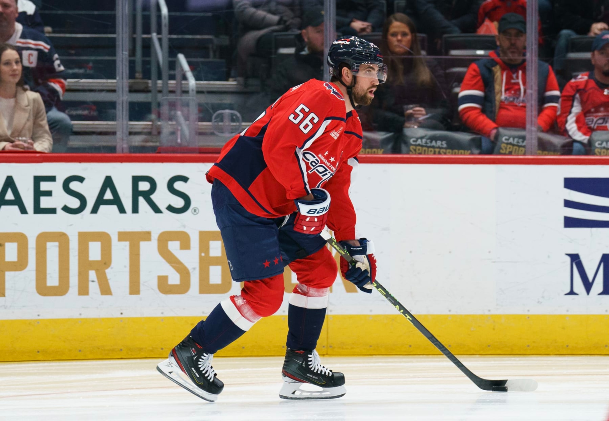 WASHINGTON, DC - FEBRUARY 25: Washington Capitals defenseman Erik Gustafsson (56) in action during a NHL game between the Washington Capitals and the New York Rangers on February 25, 2023 at Capital One Arena in Washington DC.
(Photo by Tony Quinn/Icon Sportswire via Getty Images)