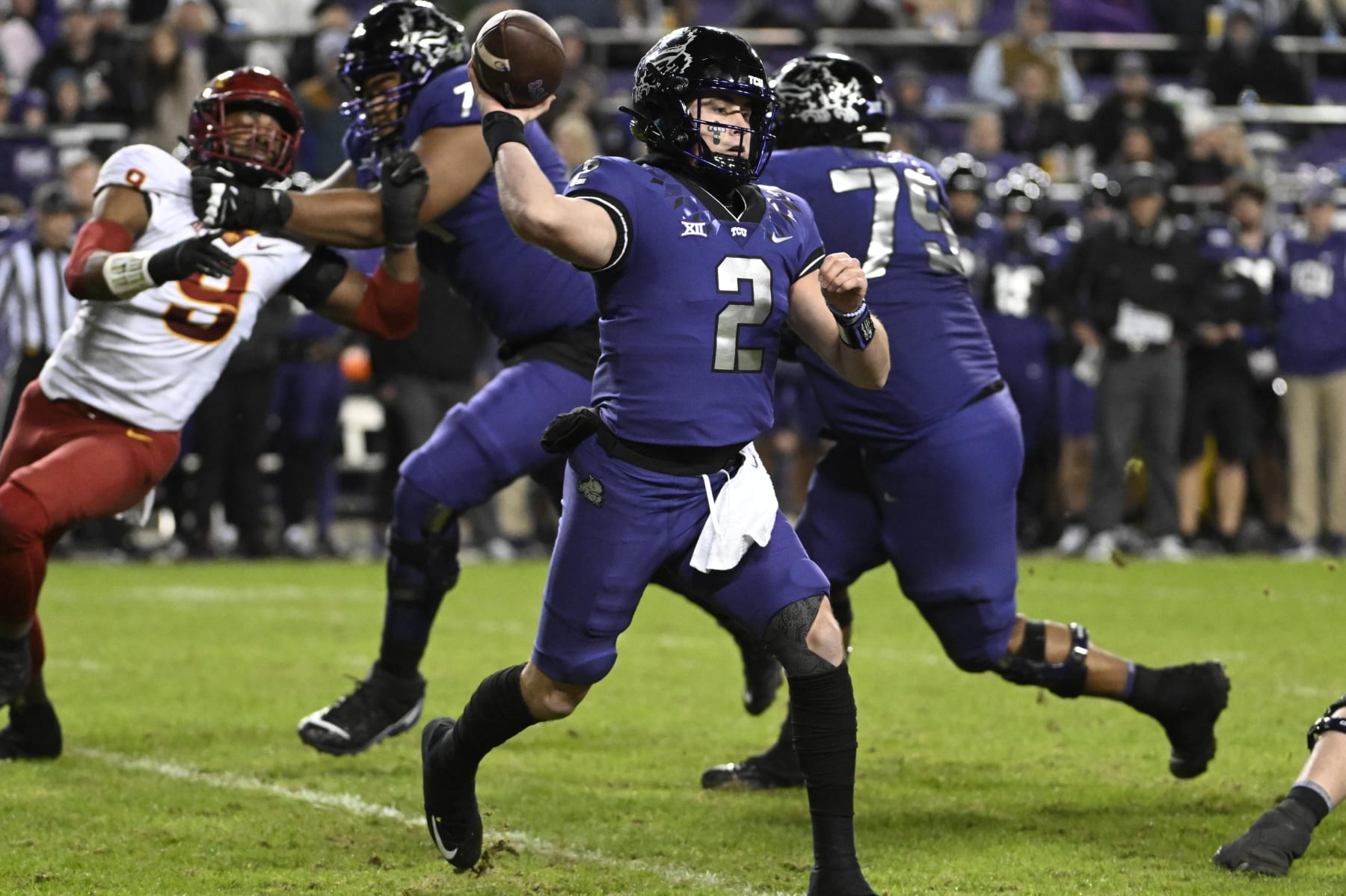College Football: TCU Chandler Morris  (2) in action,  throws the football vs. Iowa State at Amon G. Carter Stadium.
Fort Worth, TX 11/26/2022
CREDIT: Greg Nelson (Photo by Greg Nelson/Sports Illustrated via Getty Images) 
(Set Number: X164249 TK1)