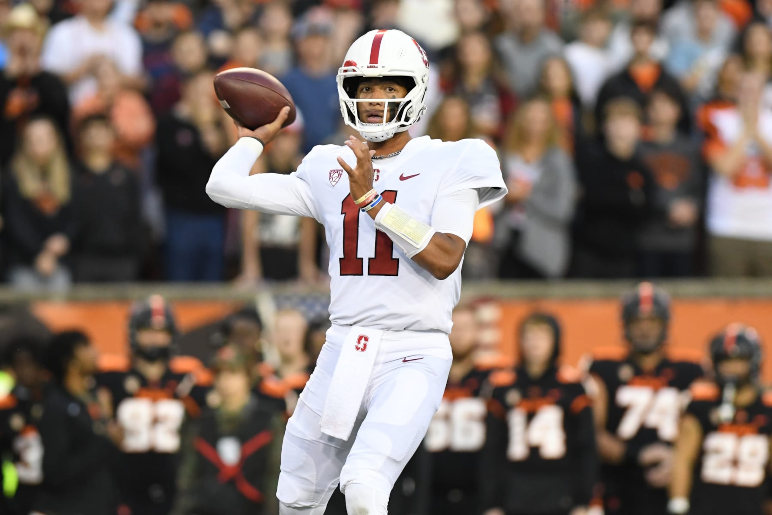 CORVALLIS, OR - NOVEMBER 13: Stanford Cardinal QB Ari Patu (11) throws the ball during a PAC-12 conference football game between the Stanford Cardinal and Oregon State Beavers on November 13, 2021 at Reser Stadium in Corvallis, Oregon. (Photo by Brian Murphy/Icon Sportswire via Getty Images)