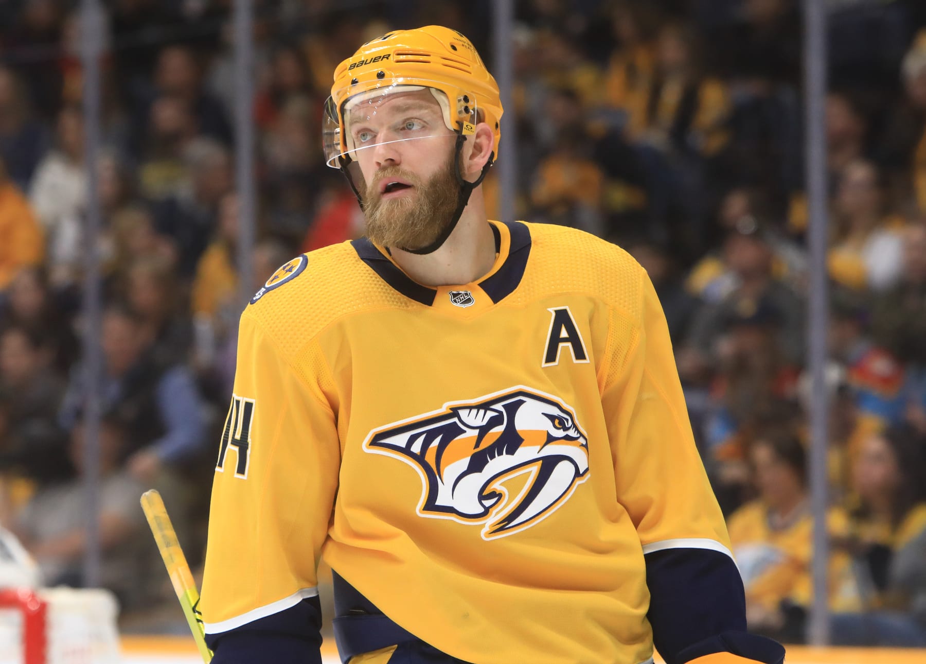 NASHVILLE, TN - FEBRUARY 18: Nashville Predators defenseman Mattias Ekholm (14), of Sweden, is shown during the NHL game between the Nashville Predators and Florida Panthers, held on February 18, 2023, at Bridgestone Arena in Nashville, Tennessee.  (Photo by Danny Murphy/Icon Sportswire via Getty Images)