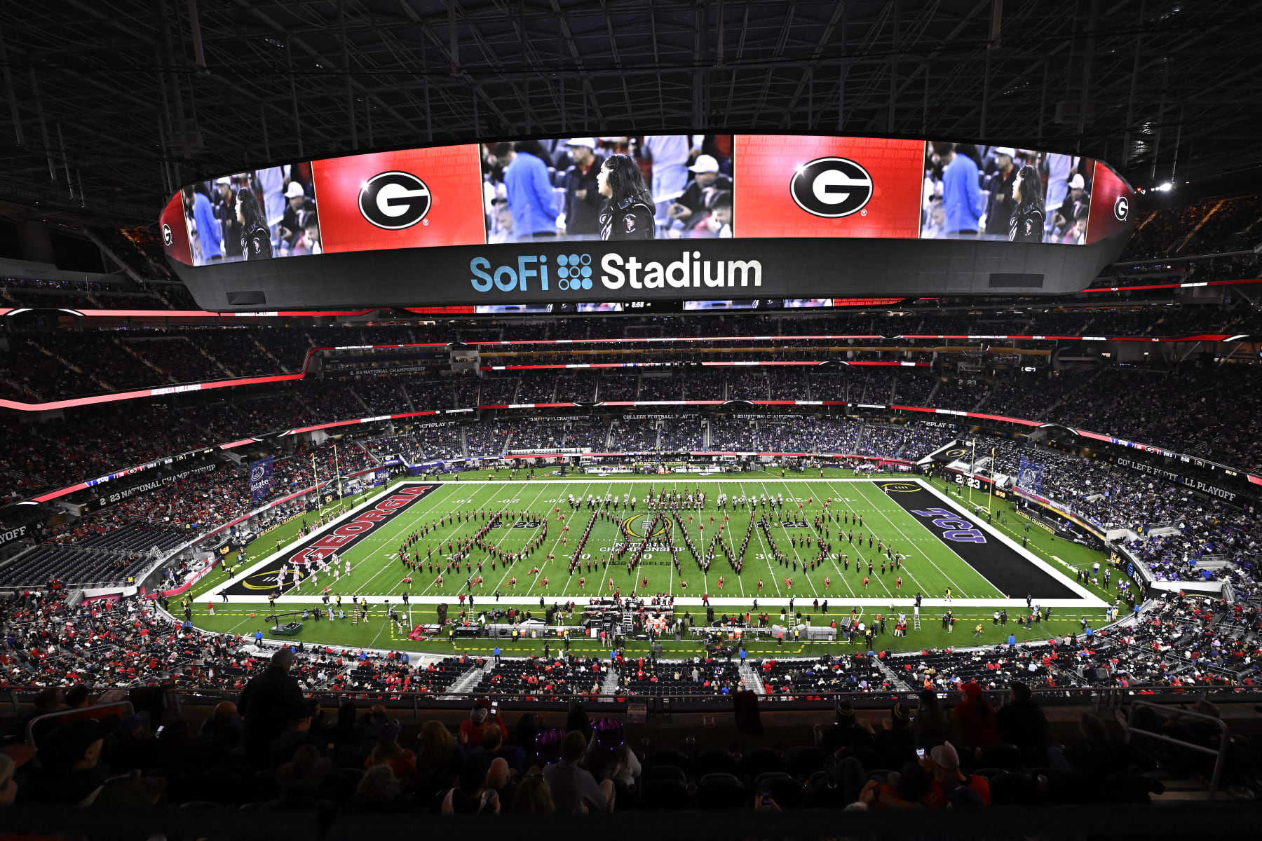 INGLEWOOD, CALIFORNIA - JANUARY 09: An overall view of the field while the Georgia Bulldogs band performs during halftime of the College Football Playoff National Championship between the Georgia Bulldogs and the TCU Horned Frogs game at SoFi Stadium on January 09, 2023 in Inglewood, California. (Photo by Kevork Djansezian/Getty Images)