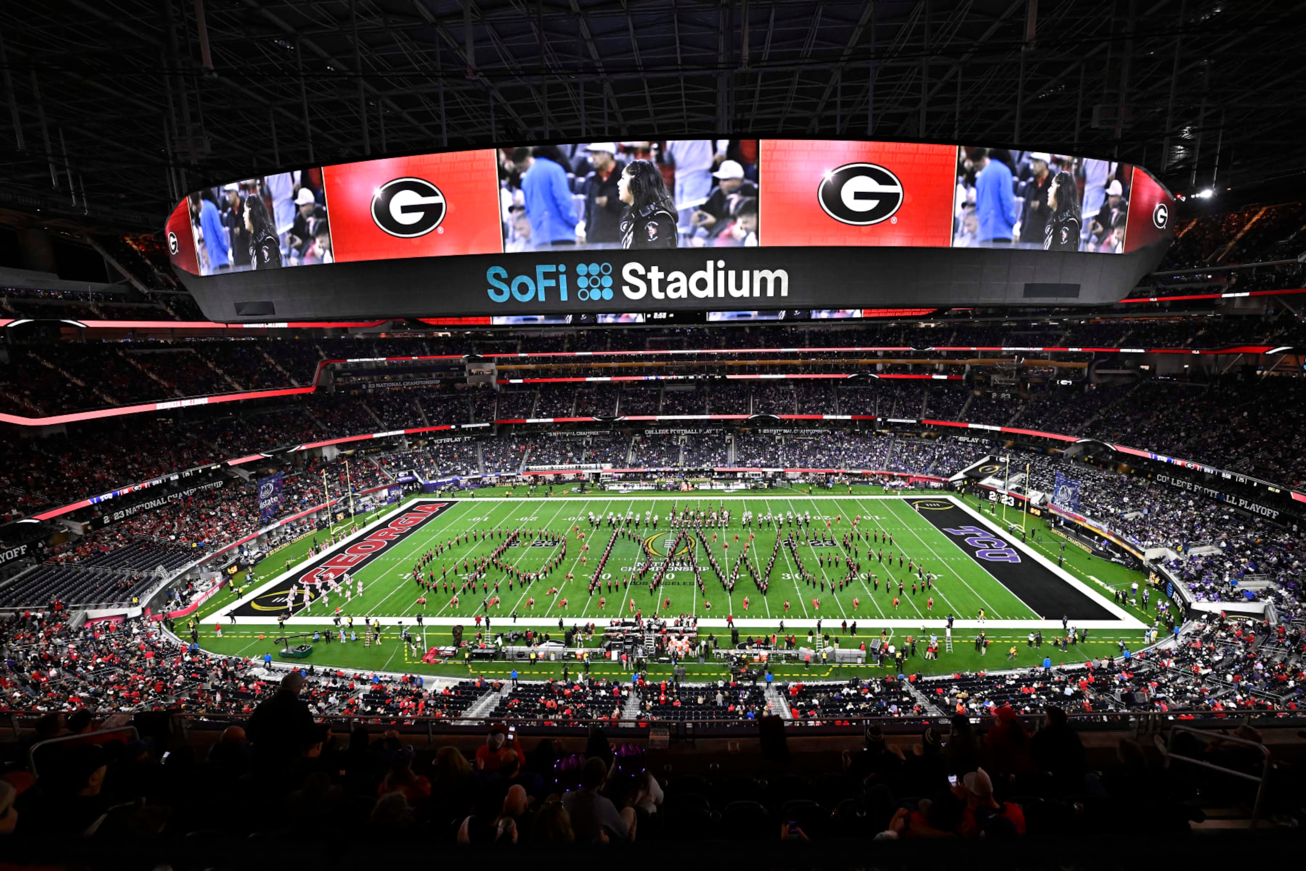 INGLEWOOD, CALIFORNIA - JANUARY 09: An overall view of the field while the Georgia Bulldogs band performs during halftime of the College Football Playoff National Championship between the Georgia Bulldogs and the TCU Horned Frogs game at SoFi Stadium on January 09, 2023 in Inglewood, California. (Photo by Kevork Djansezian/Getty Images)