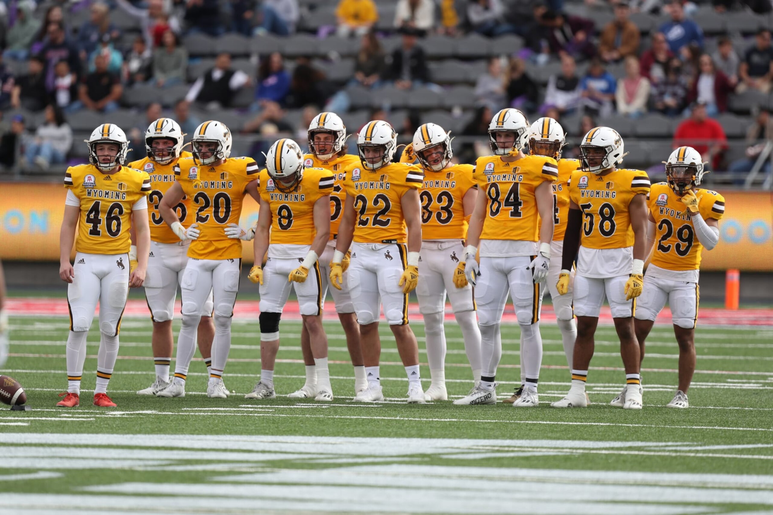TUCSON, AZ - DECEMBER 30: Wyoming Cowboys kickoff team during the Barstool Sports Arizona Bowl between the Wyoming Cowboys and the Ohio Bobcats on December 30, 2022 at Arizona Stadium in Tucson, Arizona.  (Photo by Christopher Hook/Icon Sportswire via Getty Images)