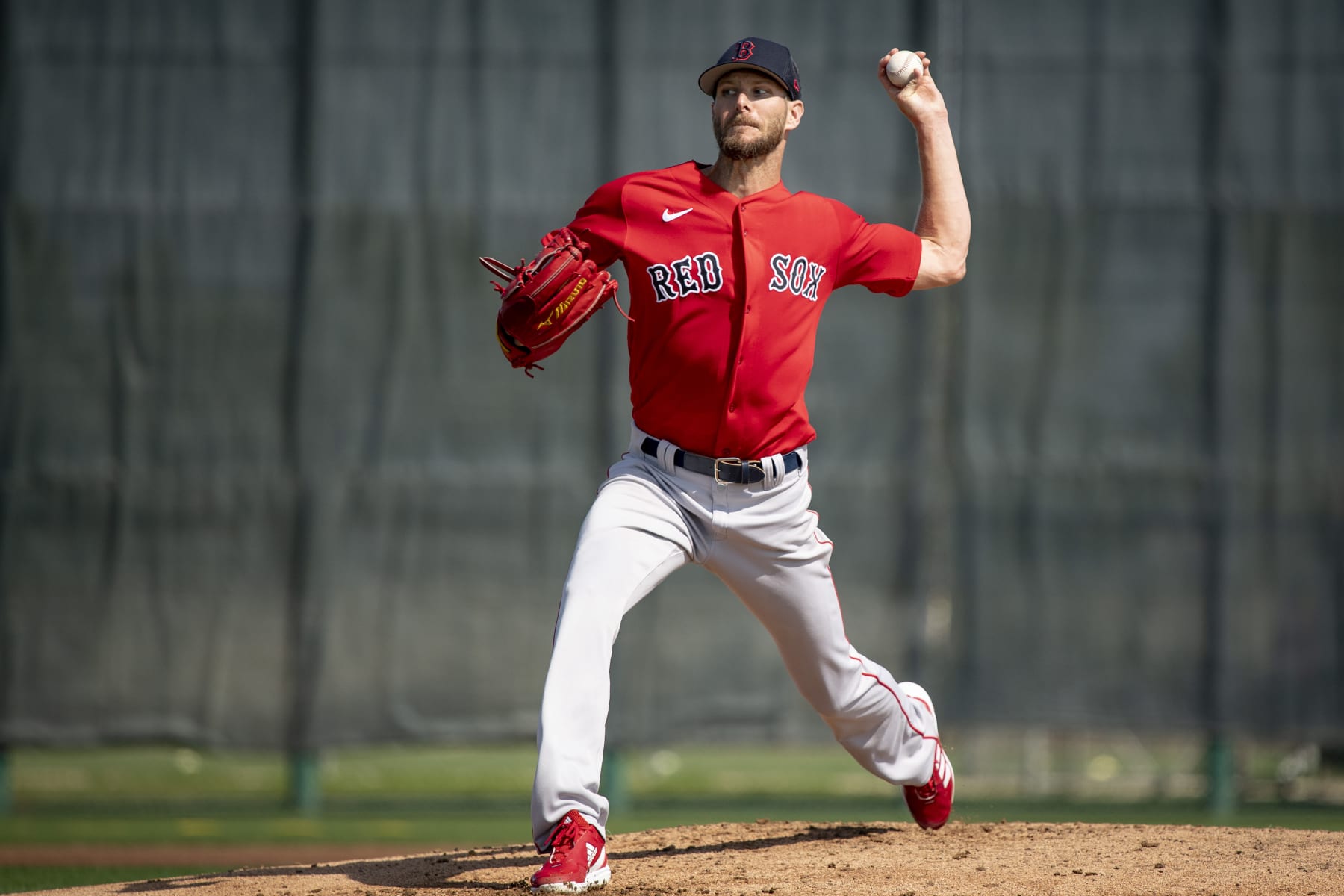 FORT MYERS, FL - FEBRUARY 25: Chris Sale #41 of the Boston Red Sox throws live batting practice during a Spring Training team workout on February 25, 2023 at JetBlue Park at Fenway South in Fort Myers, Florida. (Photo by Maddie Malhotra/Boston Red Sox/Getty Images)