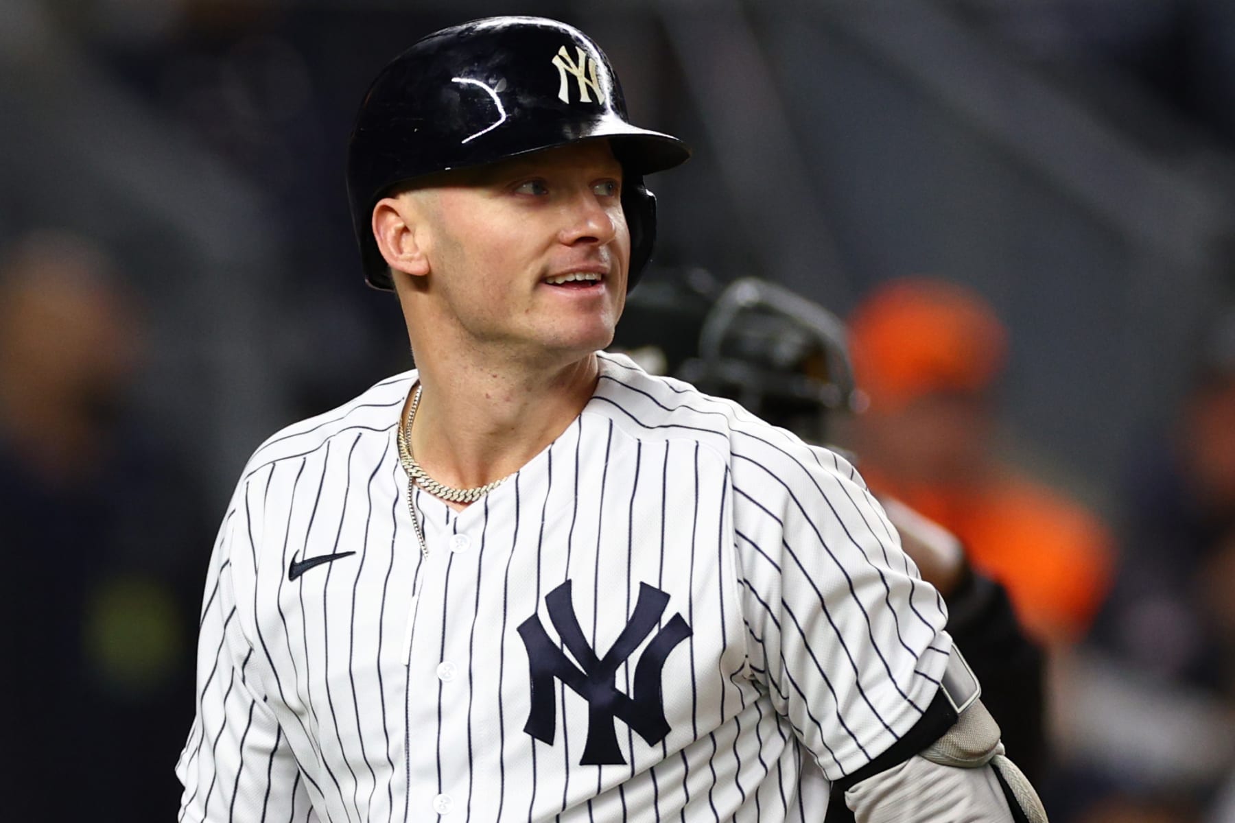 NEW YORK, NEW YORK - OCTOBER 23: Josh Donaldson #28 of the New York Yankees reacts after striking out in the first inning in game four of the American League Championship Series against the Houston Astros at Yankee Stadium on October 23, 2022 in the Bronx borough of New York City. (Photo by Elsa/Getty Images)