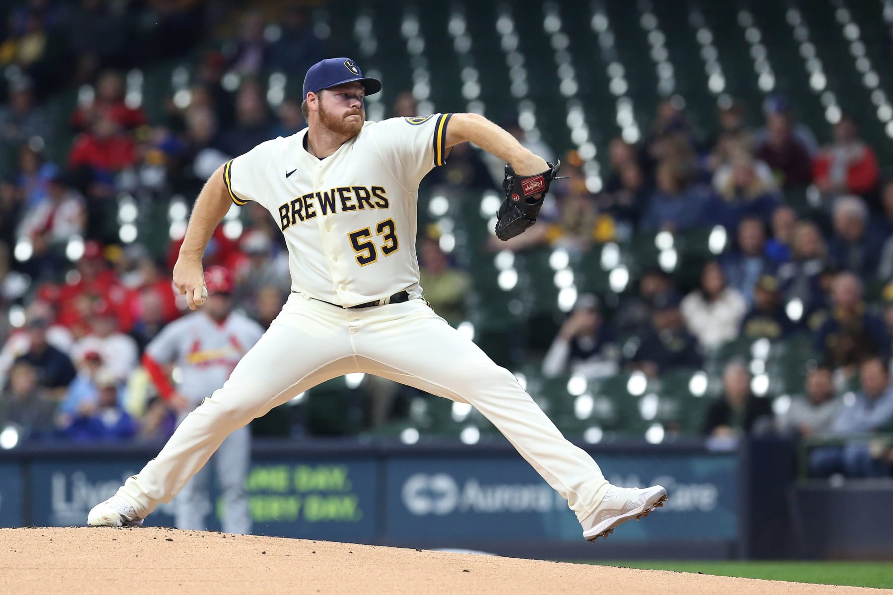 MILWAUKEE, WI - SEPTEMBER 28: Milwaukee Brewers starting pitcher Brandon Woodruff (53) pitches during a game between the Milwaukee Brewers and the St. Louis Cardinals at American Family Field on September 28, 2022 in Milwaukee, WI. (Photo by Larry Radloff/Icon Sportswire via Getty Images)