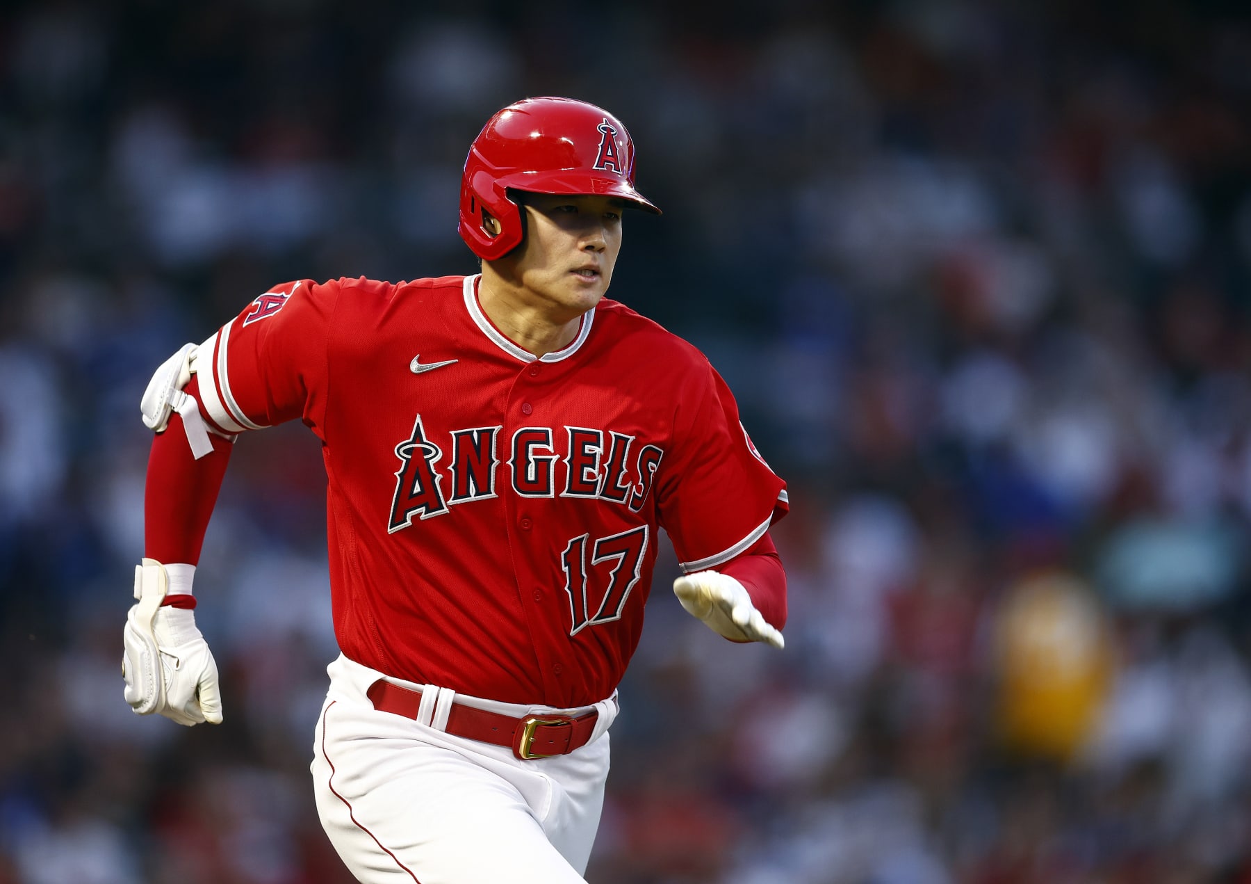ANAHEIM, CALIFORNIA - JULY 15:  Shohei Ohtani #17 of the Los Angeles Angels grounds out against the Los Angeles Dodgersin the fourth inning at Angel Stadium of Anaheim on July 15, 2022 in Anaheim, California. (Photo by Ronald Martinez/Getty Images)