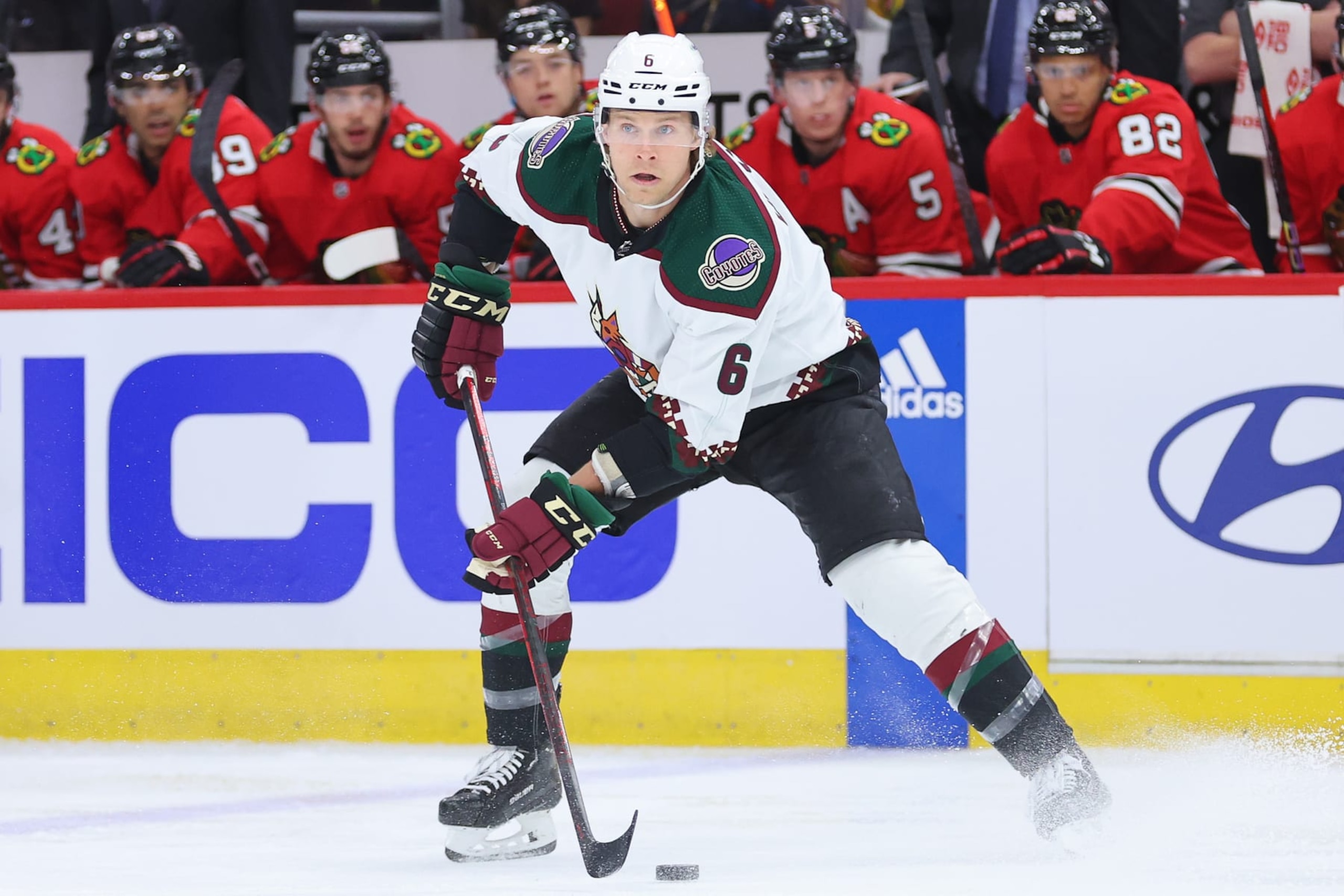 CHICAGO, ILLINOIS - FEBRUARY 10: Jakob Chychrun #6 of the Arizona Coyotes skates with the puck against the Chicago Blackhawks during the first period at United Center on February 10, 2023 in Chicago, Illinois. (Photo by Michael Reaves/Getty Images) CHICAGO, ILLINOIS - FEBRUARY 10: Jakob Chychrun #6 of the Arizona Coyotes skates with the puck against the Chicago Blackhawks during the first period at United Center on February 10, 2023 in Chicago, Illinois. (Photo by Michael Reaves/Getty Images)
